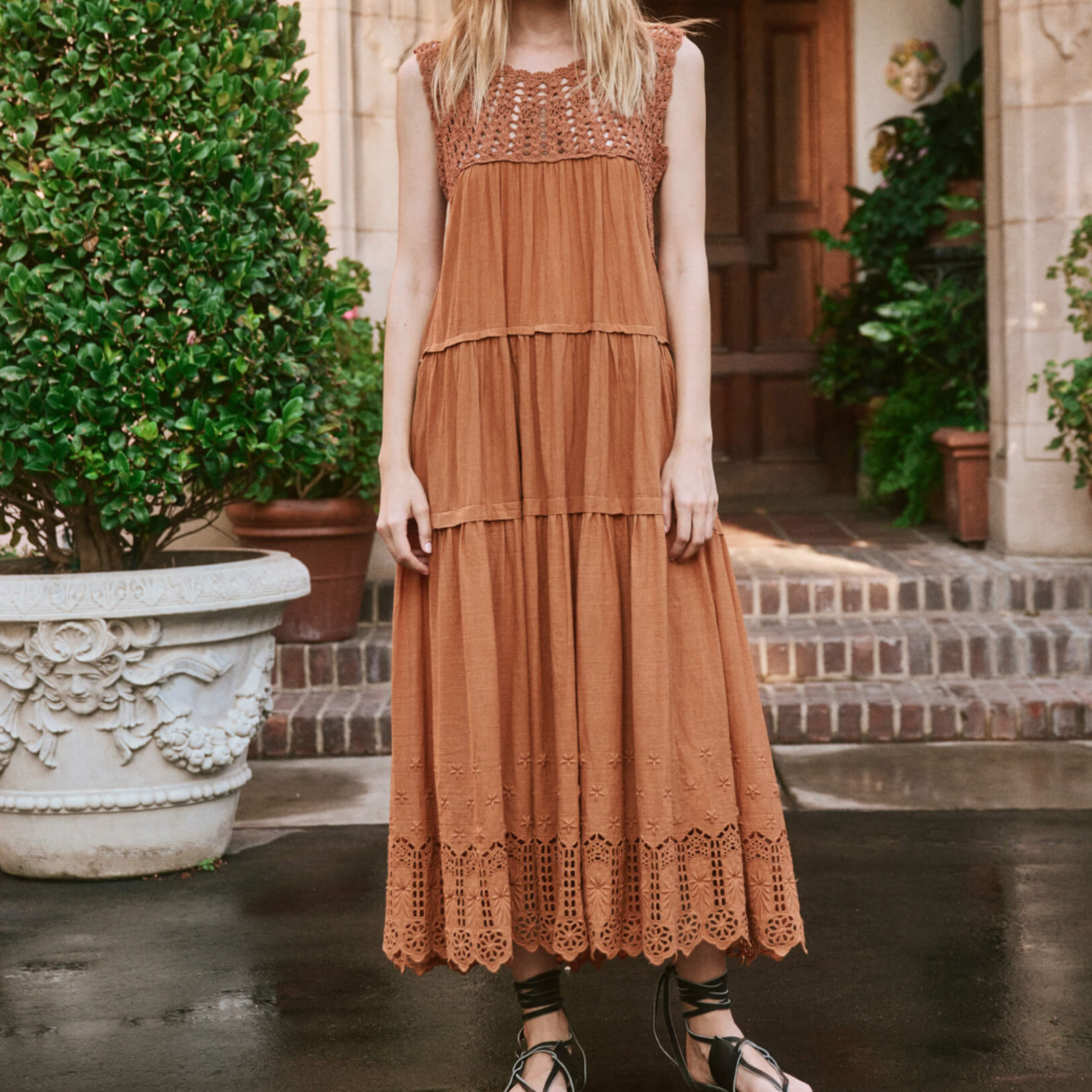 the great cotton crochet soleil dress in auburn orange.