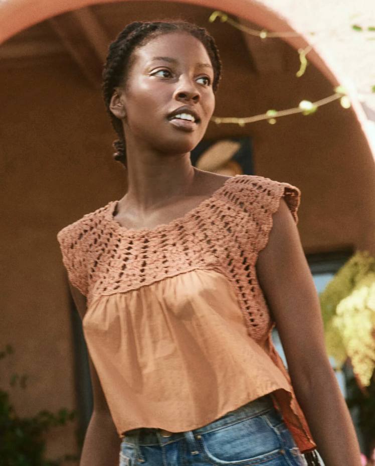 the great cotton crochet soleil top in auburn orange canyon.