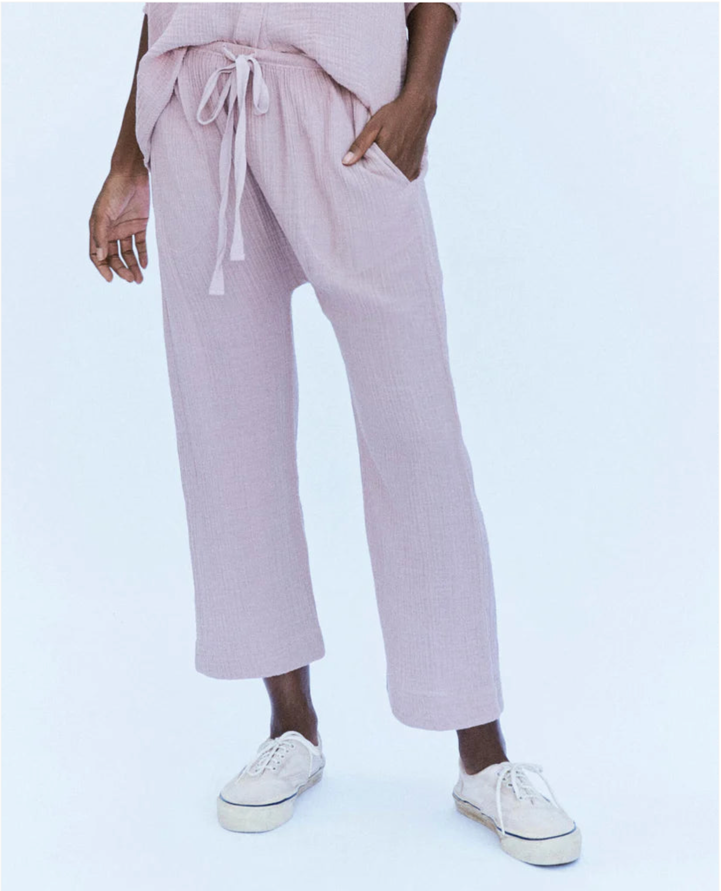 the great loose gauze pants in soft lilac pink.
