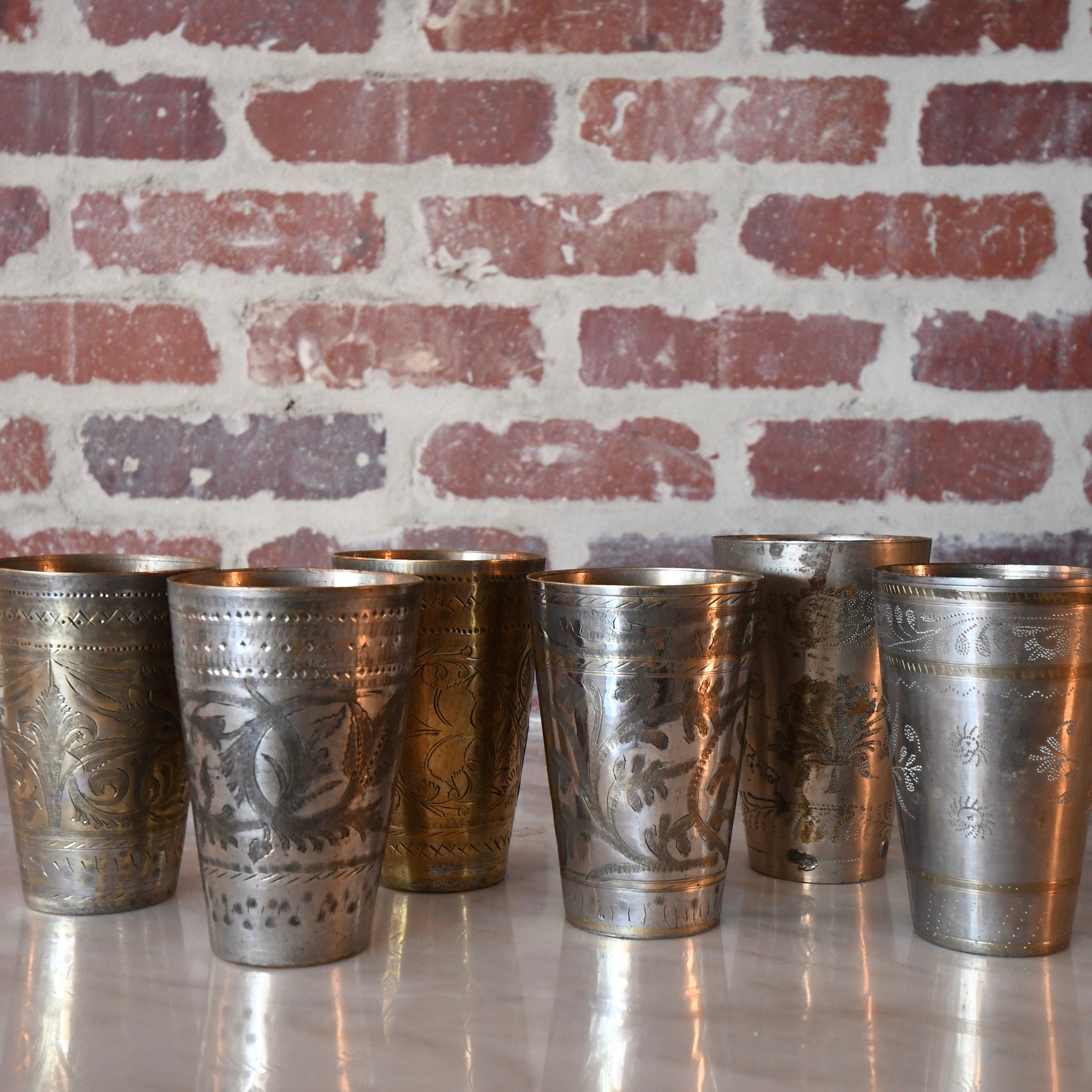 vintage etched brass cup set of 6 with floral detailing.