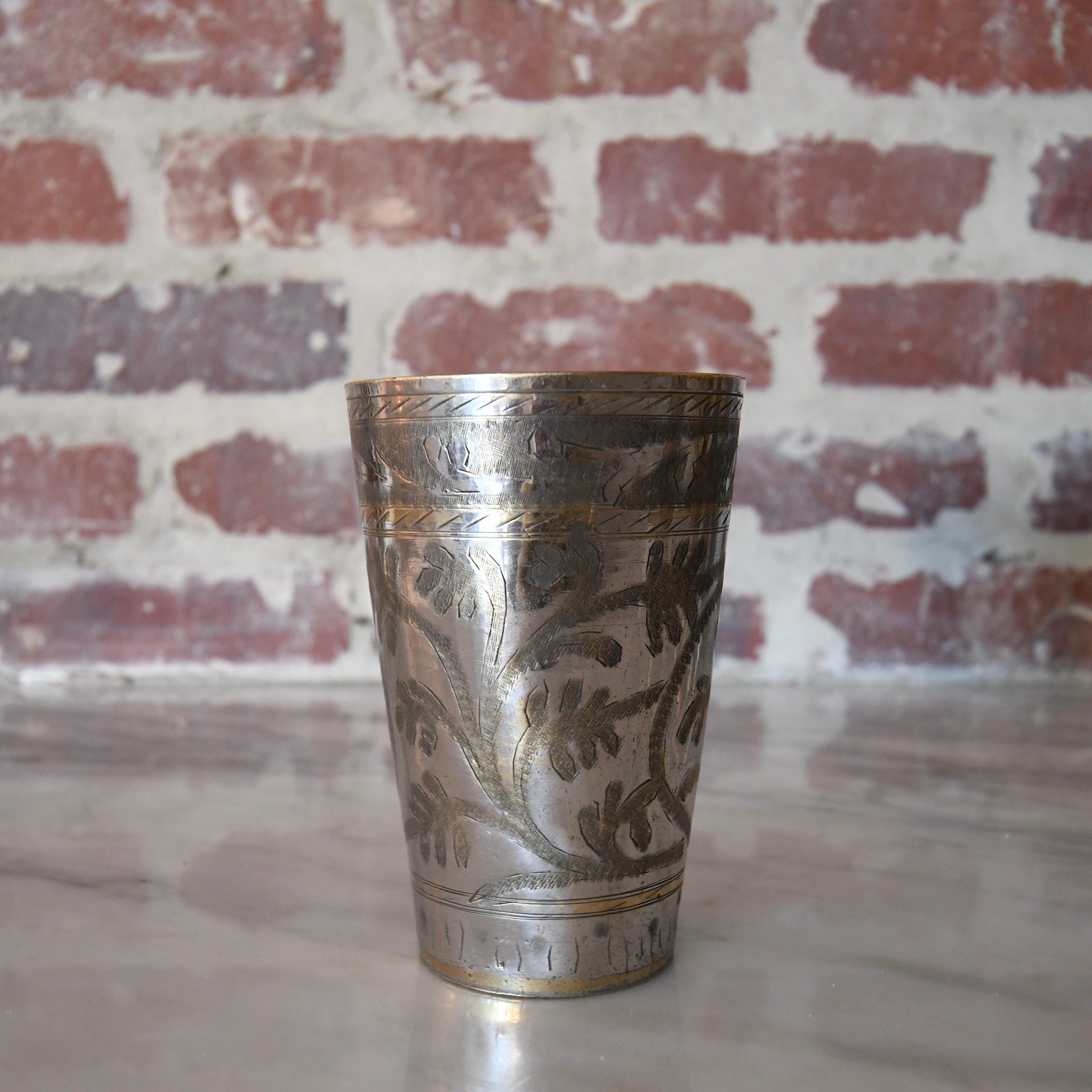 vintage etched brass cup set of 6 with floral detailing.