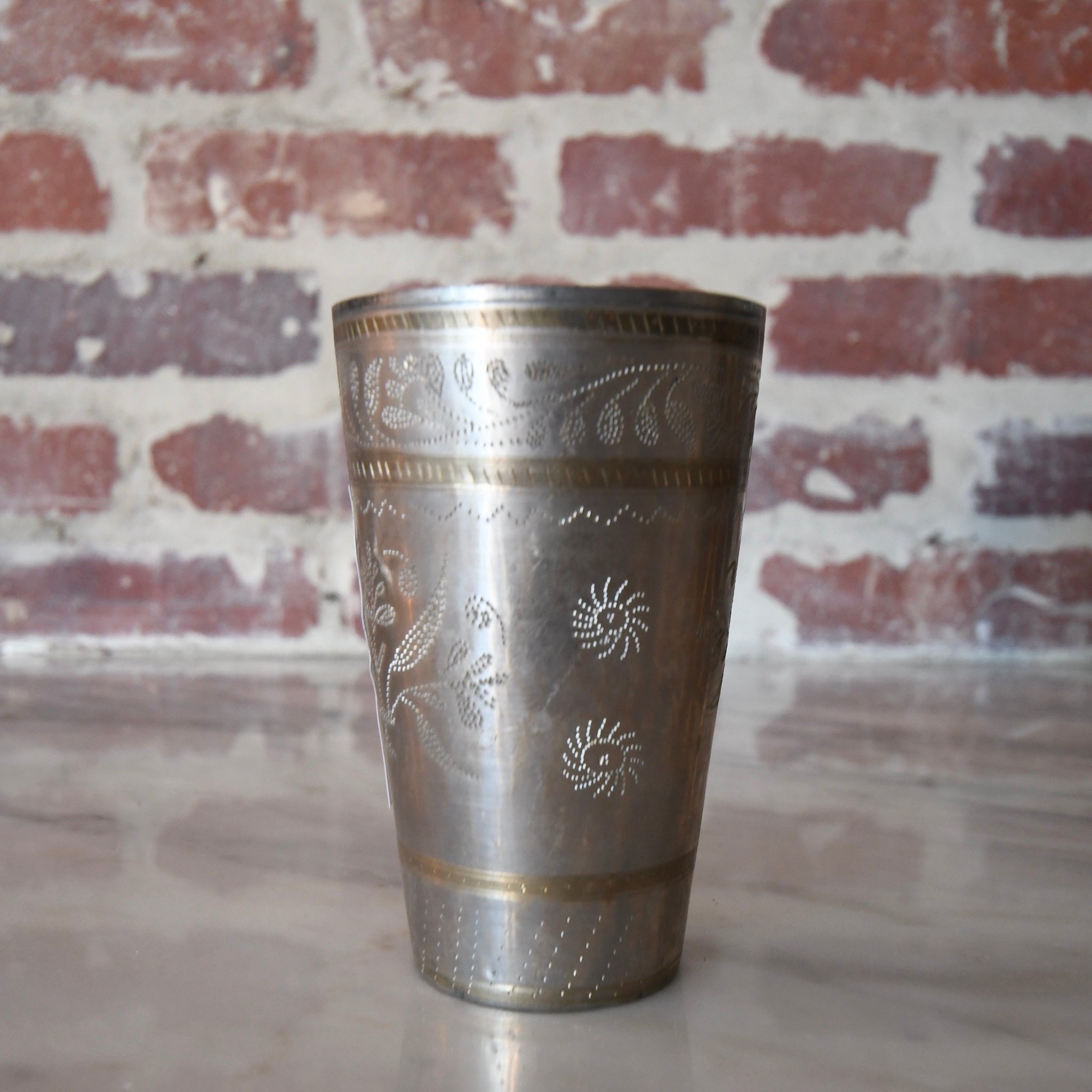vintage etched brass cup set of 6 with floral detailing.