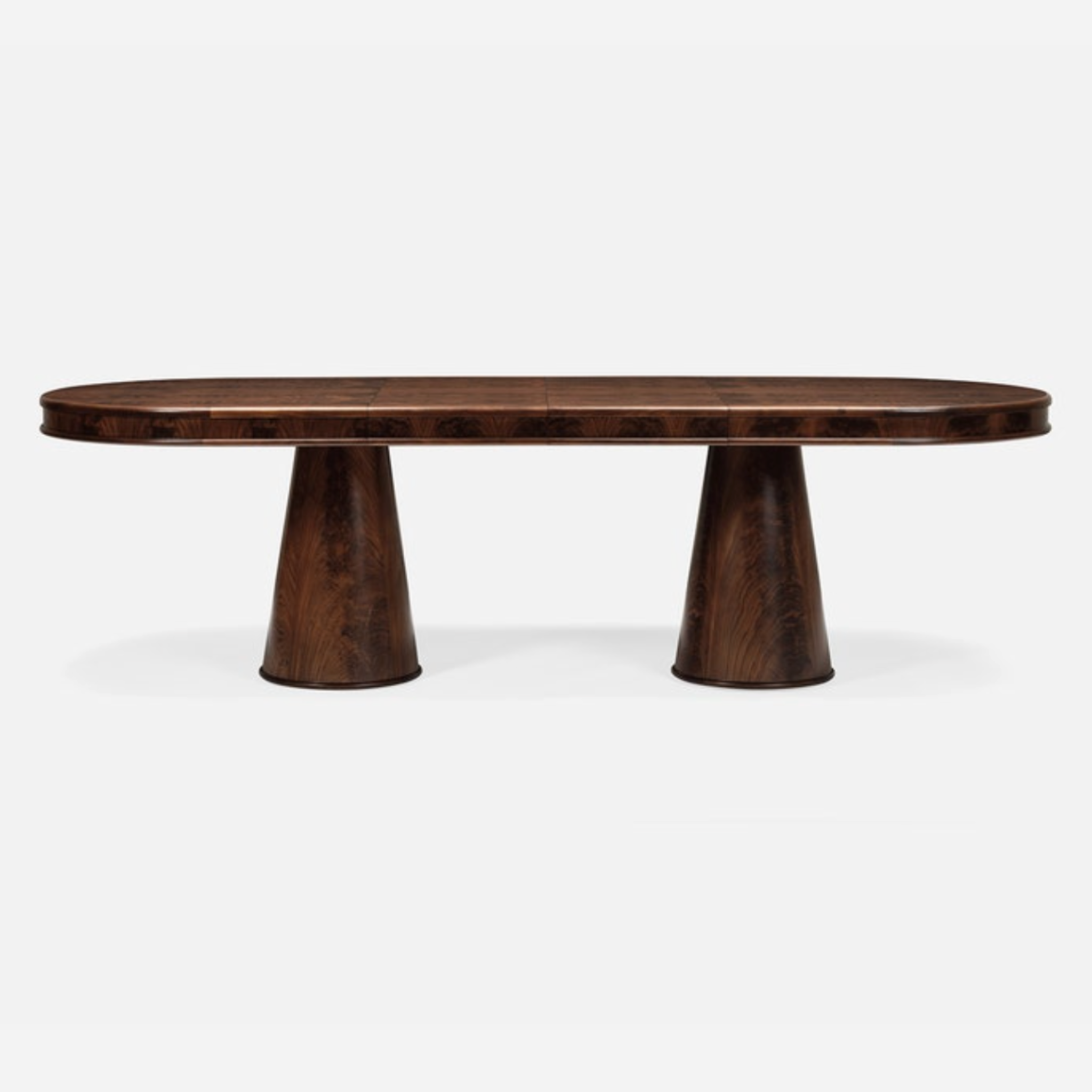 burnt umber walnut oval dining table with extension.