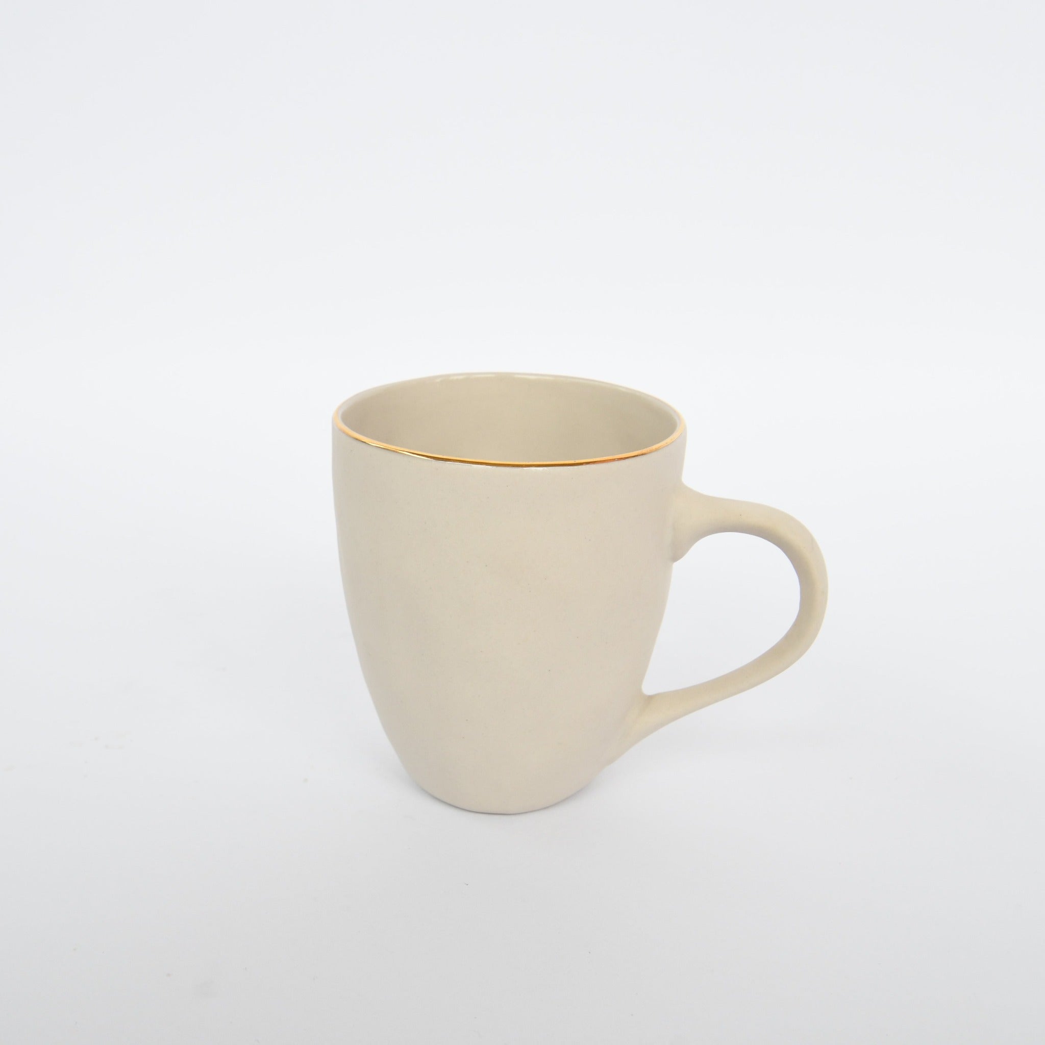 White Stoneware Mug with Gold Rim - Shoppe Details and Design.