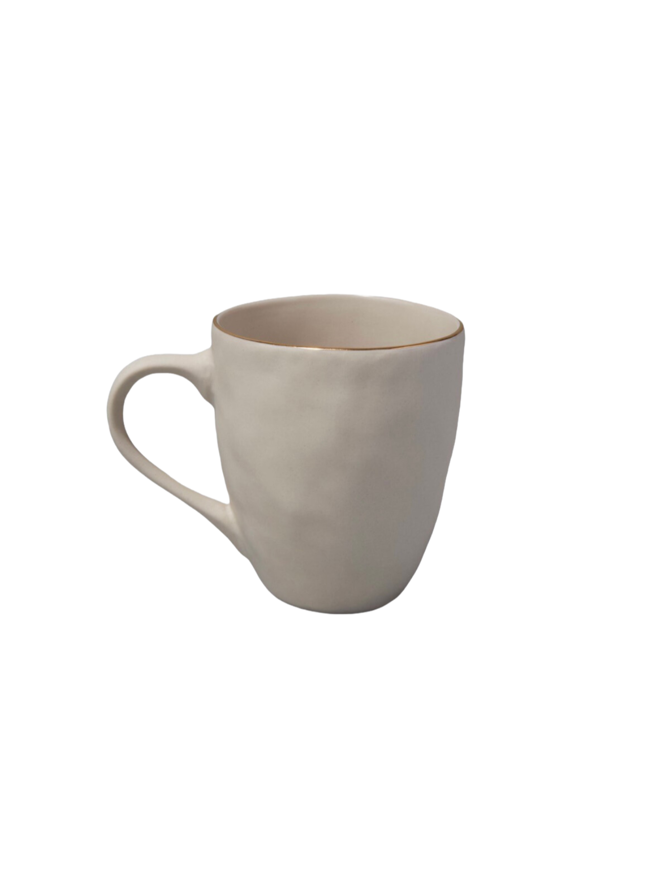 white stoneware mug with gold rim.