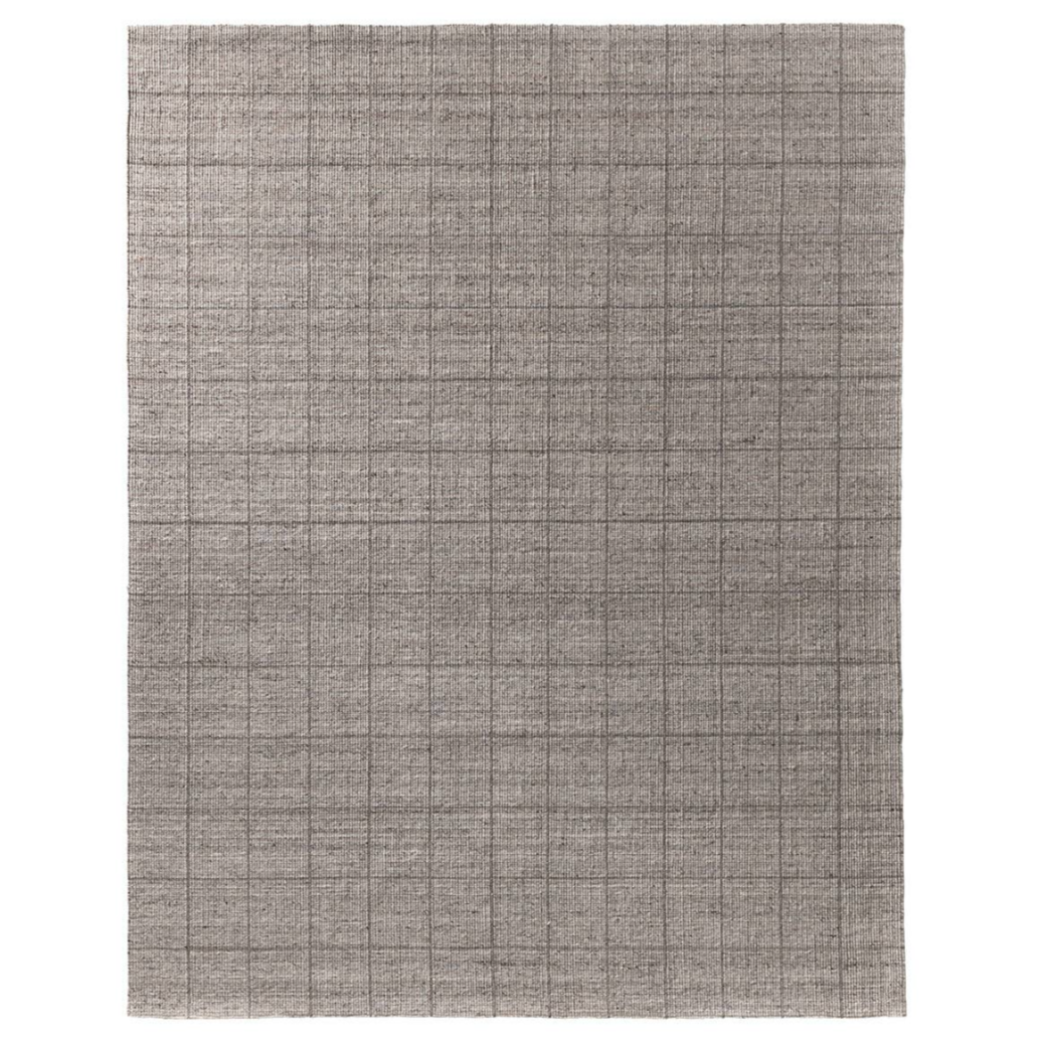 Windowpane Check Rug in greige with handwoven 2/3-inch pile, durable polyester-wool blend, featuring gray and taupe grid pattern.