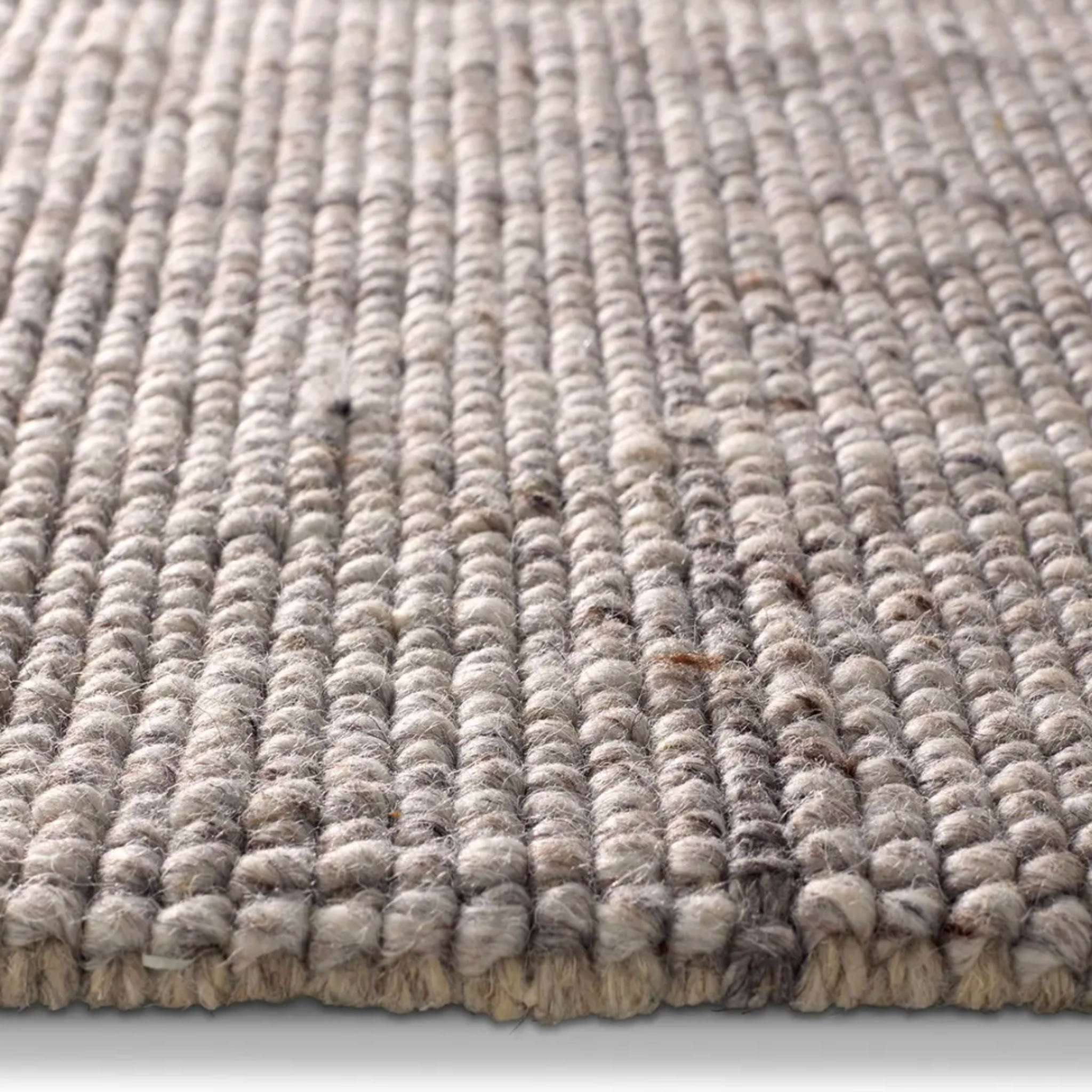 Windowpane Check Rug in greige with handwoven 2/3-inch pile, durable polyester-wool blend, featuring gray and taupe grid pattern.