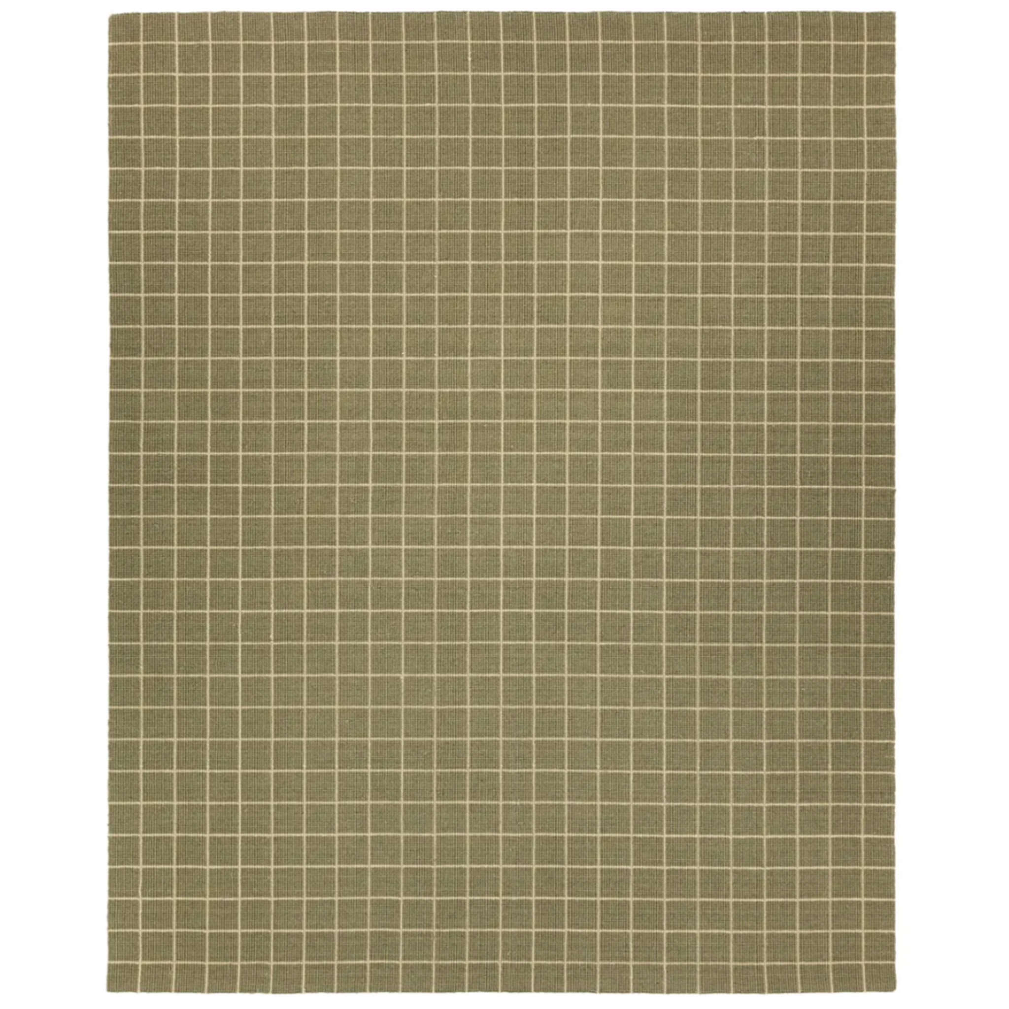 Windowpane Check Rug in olive green with handwoven 2/3-inch pile, durable wool and PET yarn blend, ideal for medium-traffic spaces.