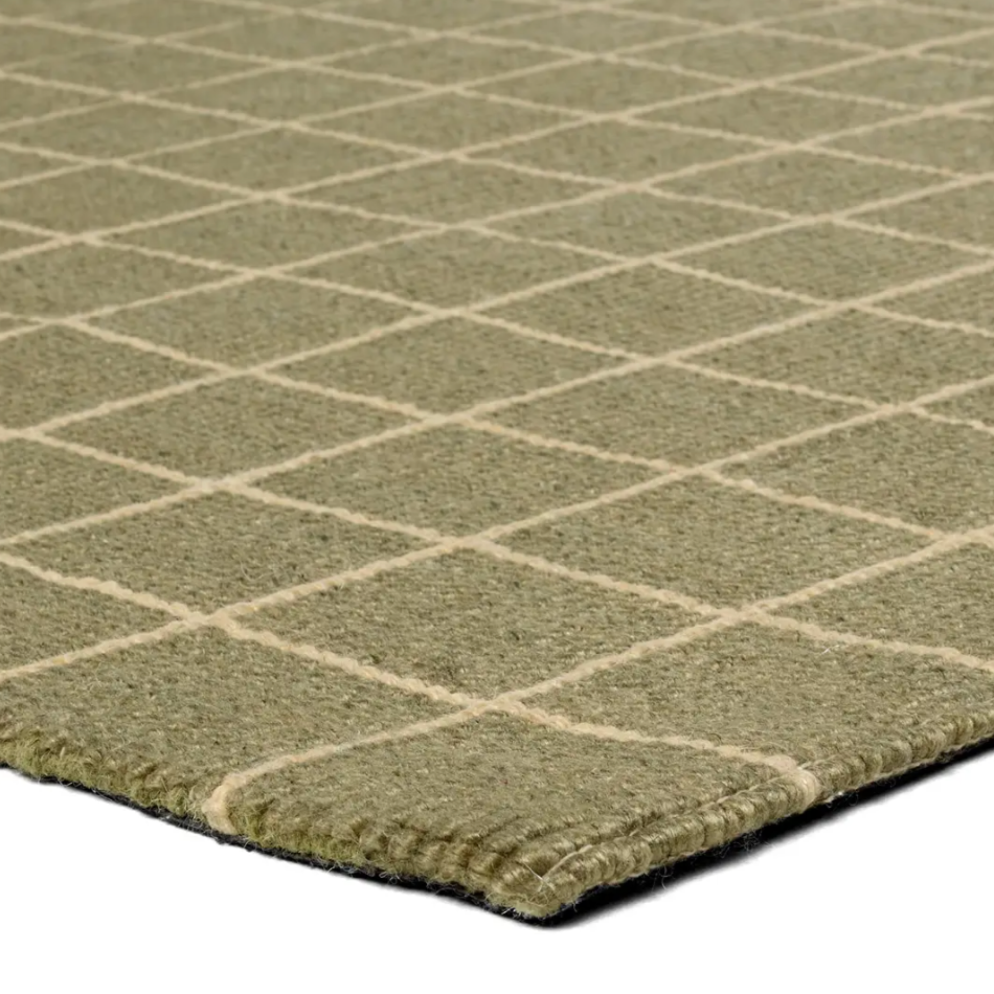 Windowpane Check Rug in olive green with handwoven 2/3-inch pile, durable wool and PET yarn blend, ideal for medium-traffic spaces.