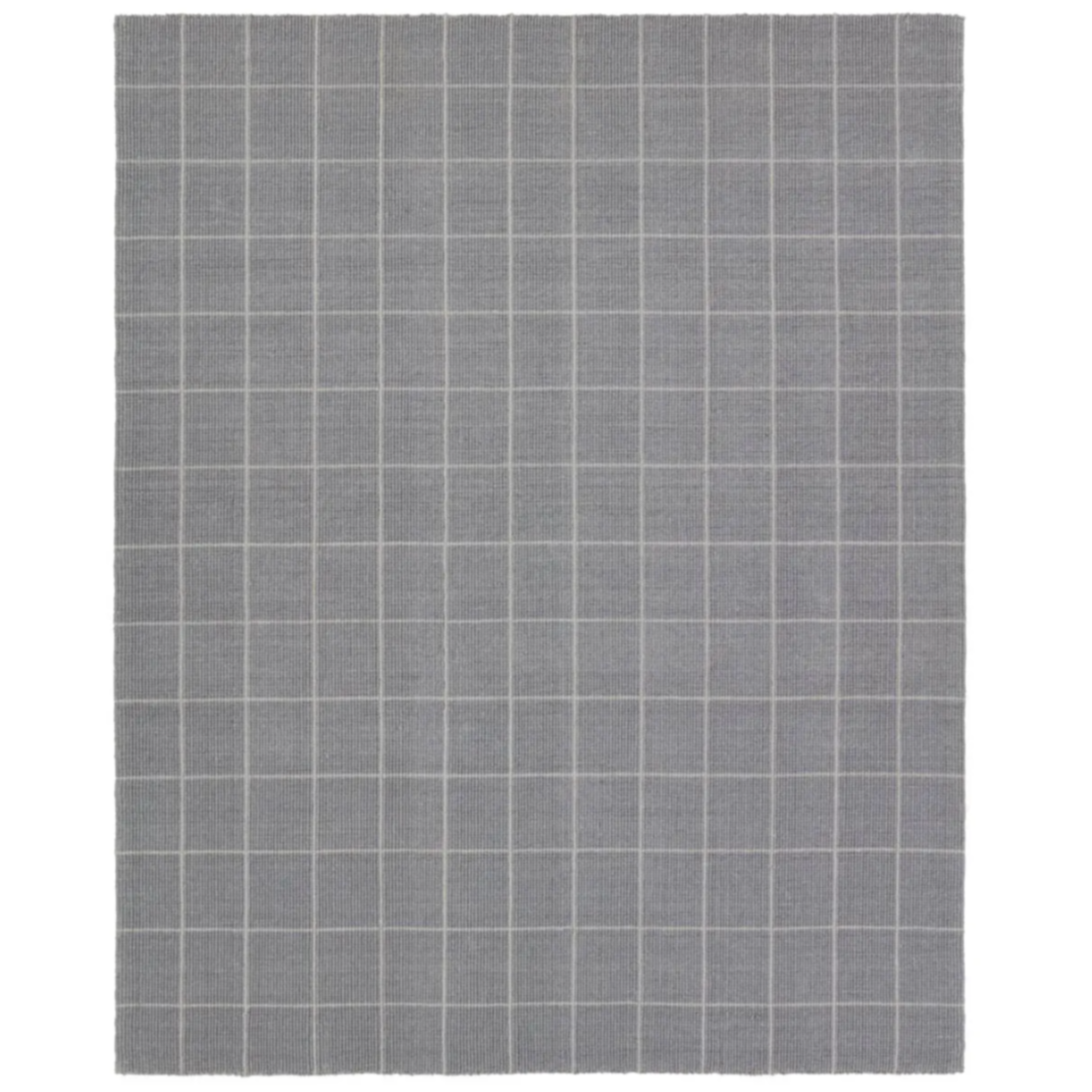 Windowpane Large Check Rug in grey and silver with handwoven 2/3-inch pile, durable polyester-wool blend, ideal for living rooms and offices.