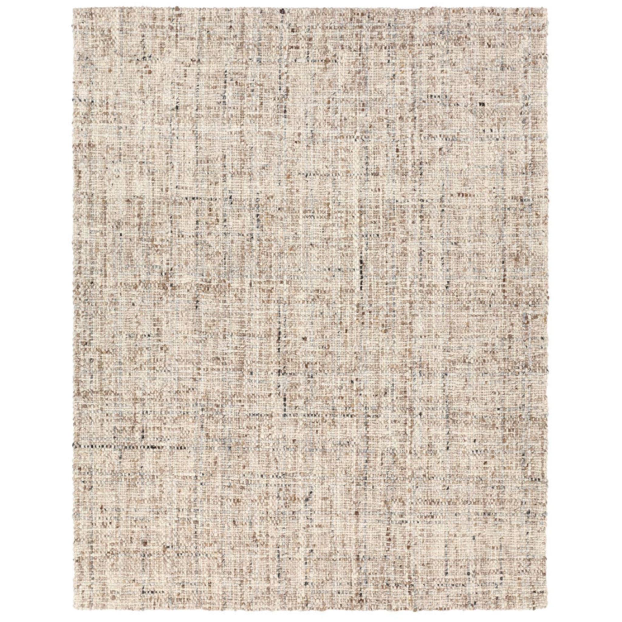 Woven cream, tan, and caramel rug with chunky tweed texture, handwoven wool, 100% cotton backing, ideal for low-traffic spaces.