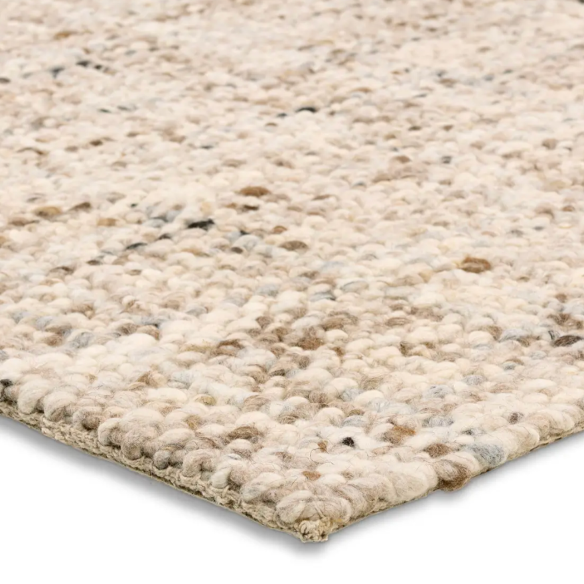 Woven cream, tan, and caramel rug with chunky tweed texture, handwoven wool, 100% cotton backing, ideal for low-traffic spaces.