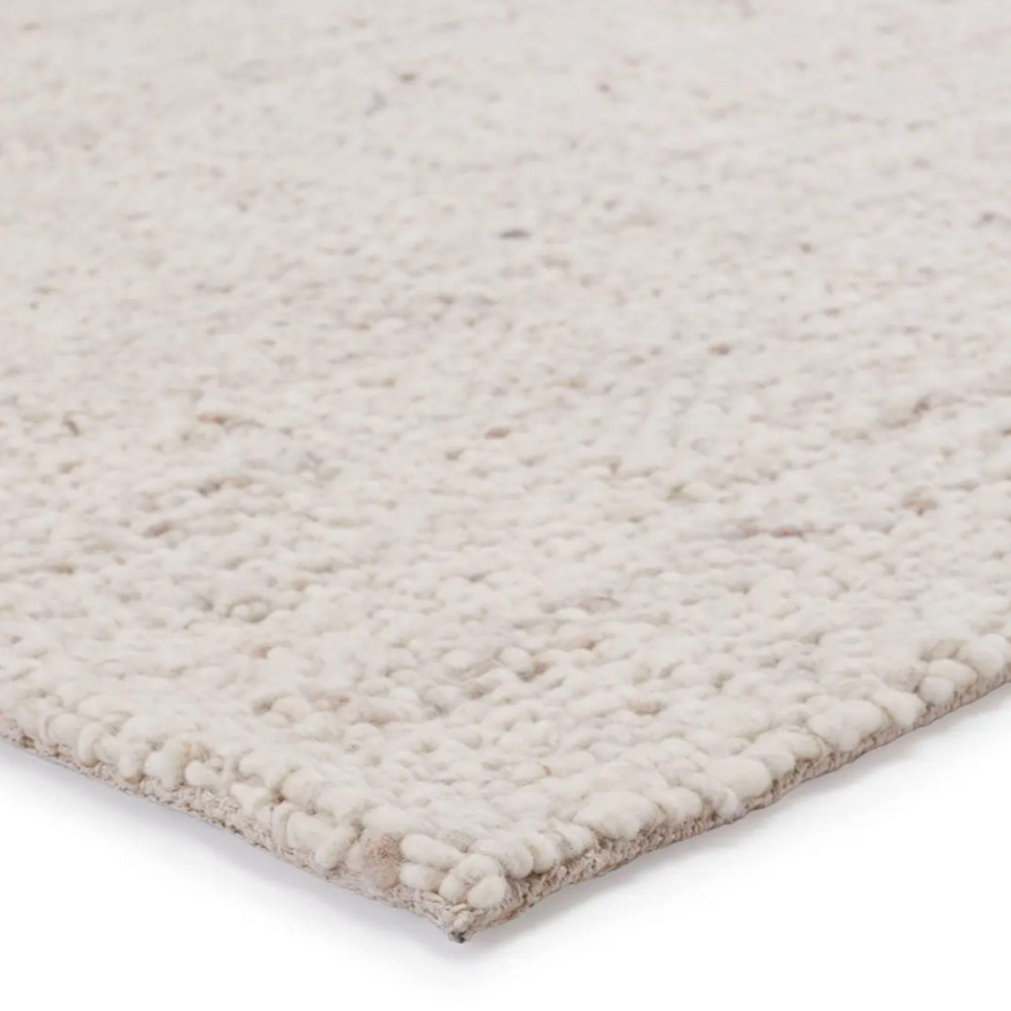 Woven cream tan taupe rug with basket weave texture, handwoven wool, neutral tones, plush 1 1/8" pile, durable cotton backing.