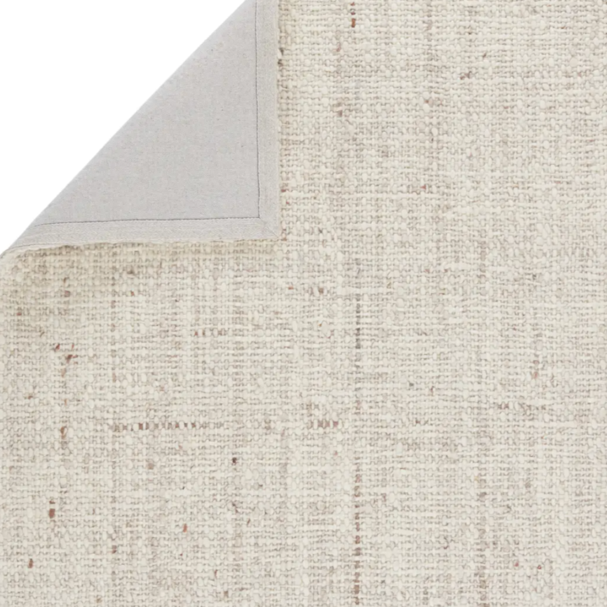 Woven cream tan taupe rug with basket weave texture, handwoven wool, neutral tones, plush 1 1/8" pile, durable cotton backing.