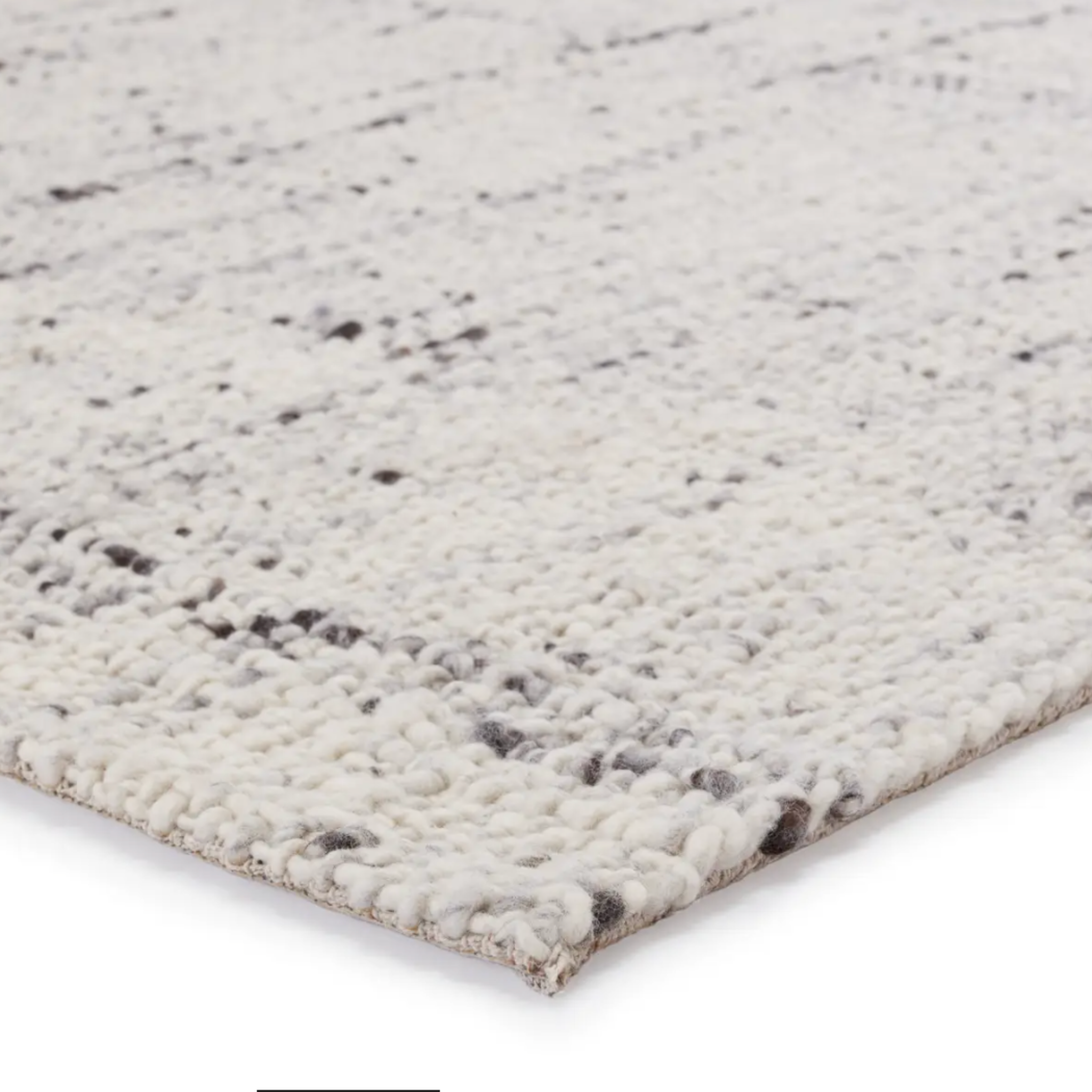Woven white and grey rug with basket weave texture, handwoven wool, neutral ivory and charcoal gray tones, plush and durable.