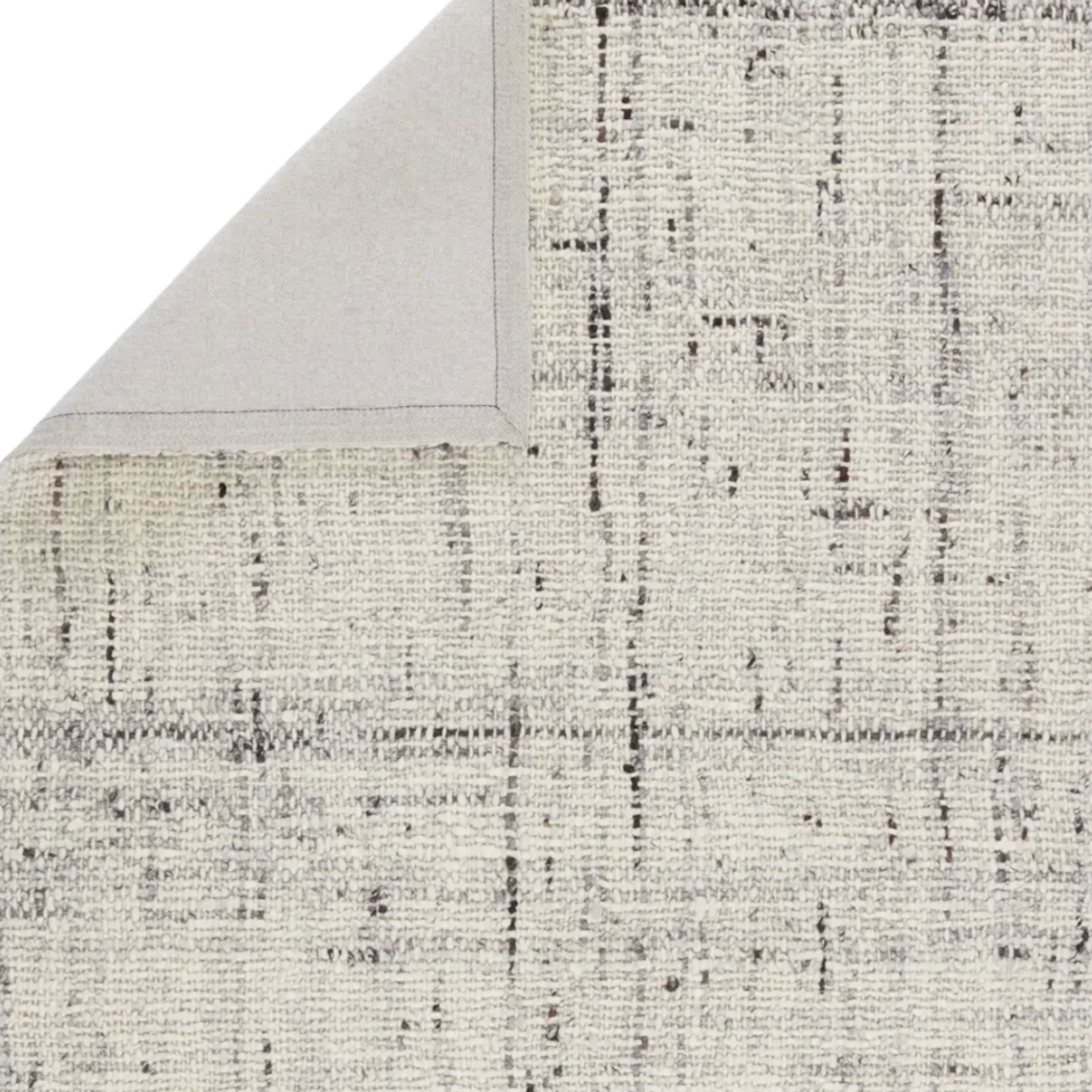 Woven white and grey rug with basket weave texture, handwoven wool, neutral ivory and charcoal gray tones, plush and durable.