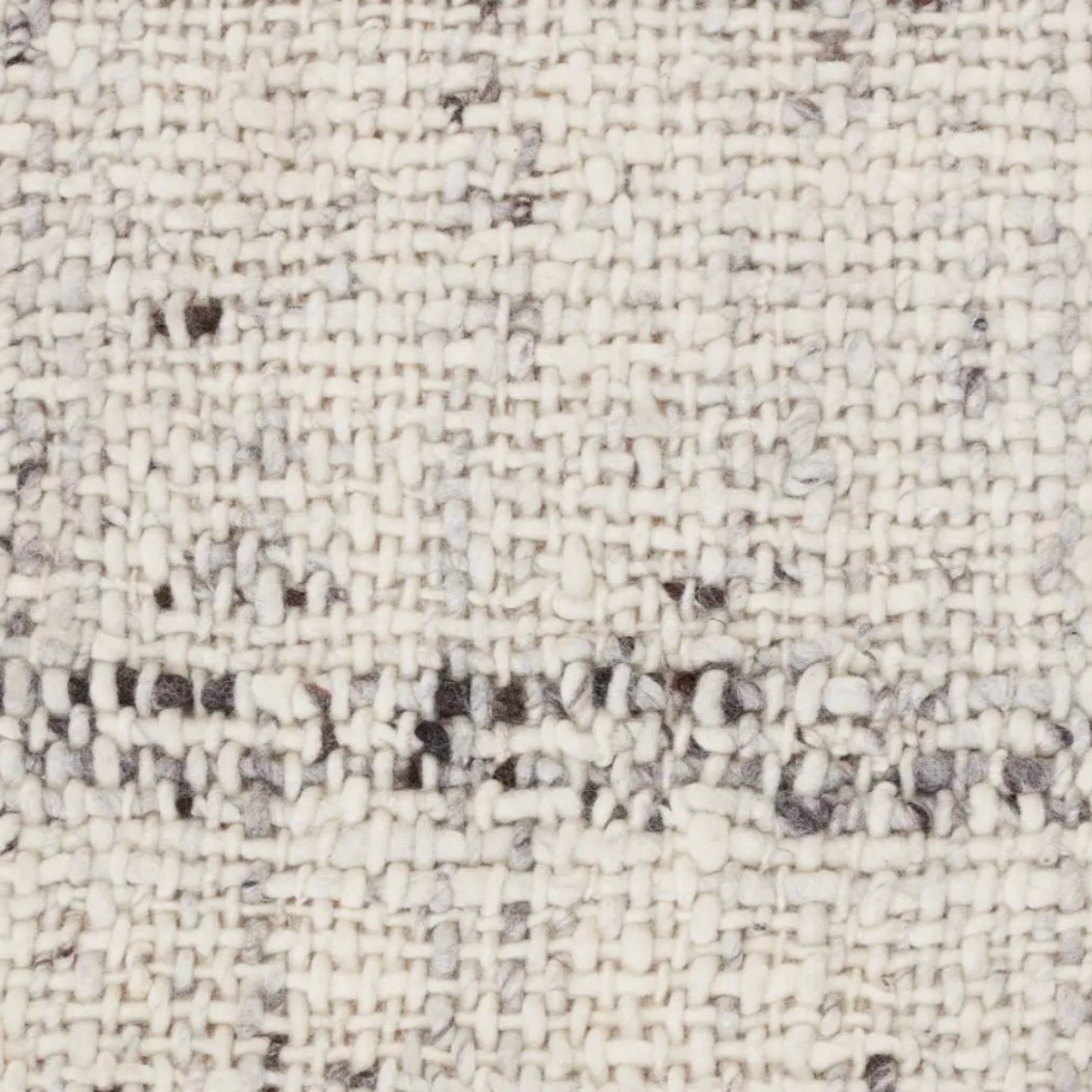 Woven white and grey rug with basket weave texture, handwoven wool, neutral ivory and charcoal gray tones, plush and durable.