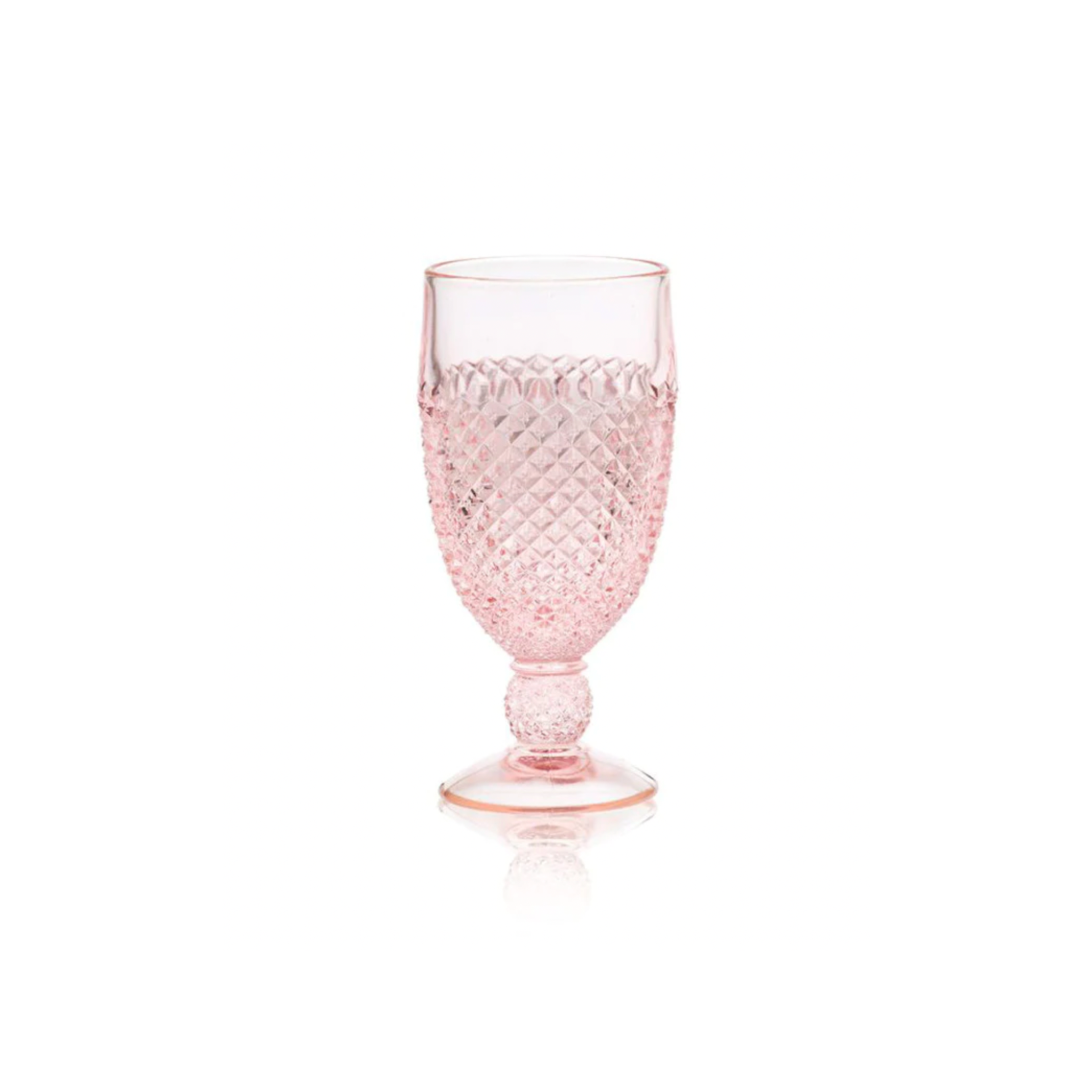 Addison diamond-cut glass goblet in rose by Mosser, 10oz hand-pressed vintage glass with 1930s-style diamond pattern, perfect for elegant table settings.