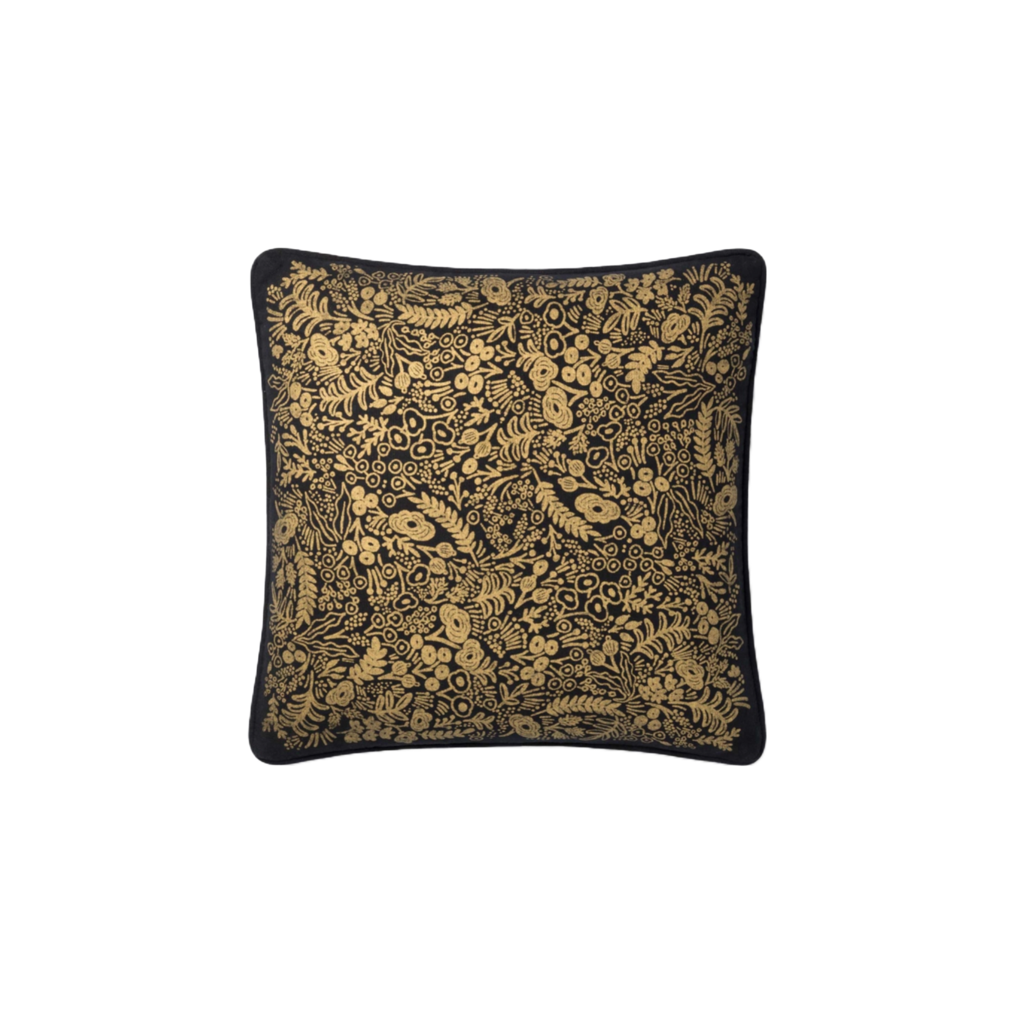 Set of two gold tapestry pillows by Rifle Paper Co. × Loloi with metallic floral print, 18"x18", 100% cotton.