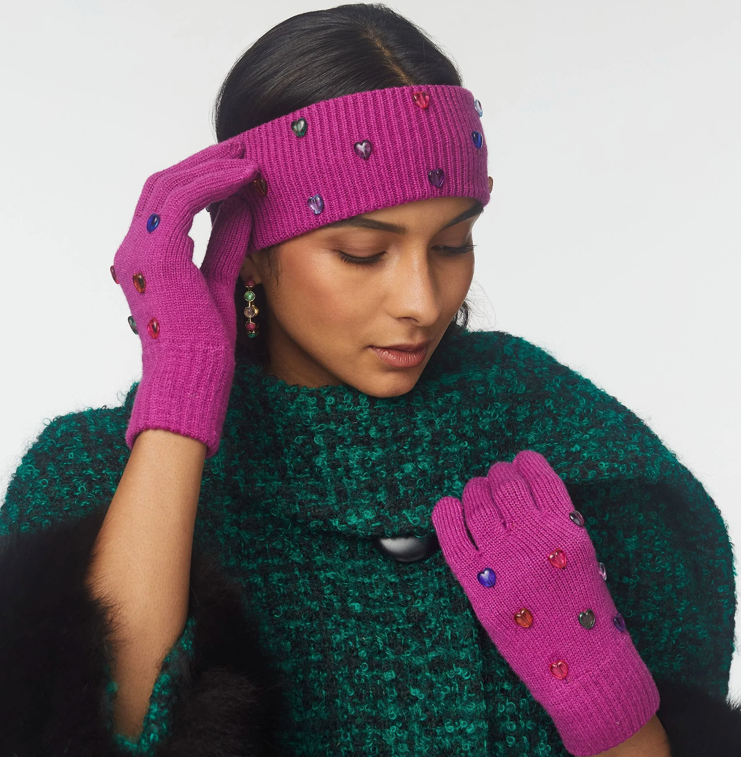 magenta heart rainbow bead embellished gloves.gn