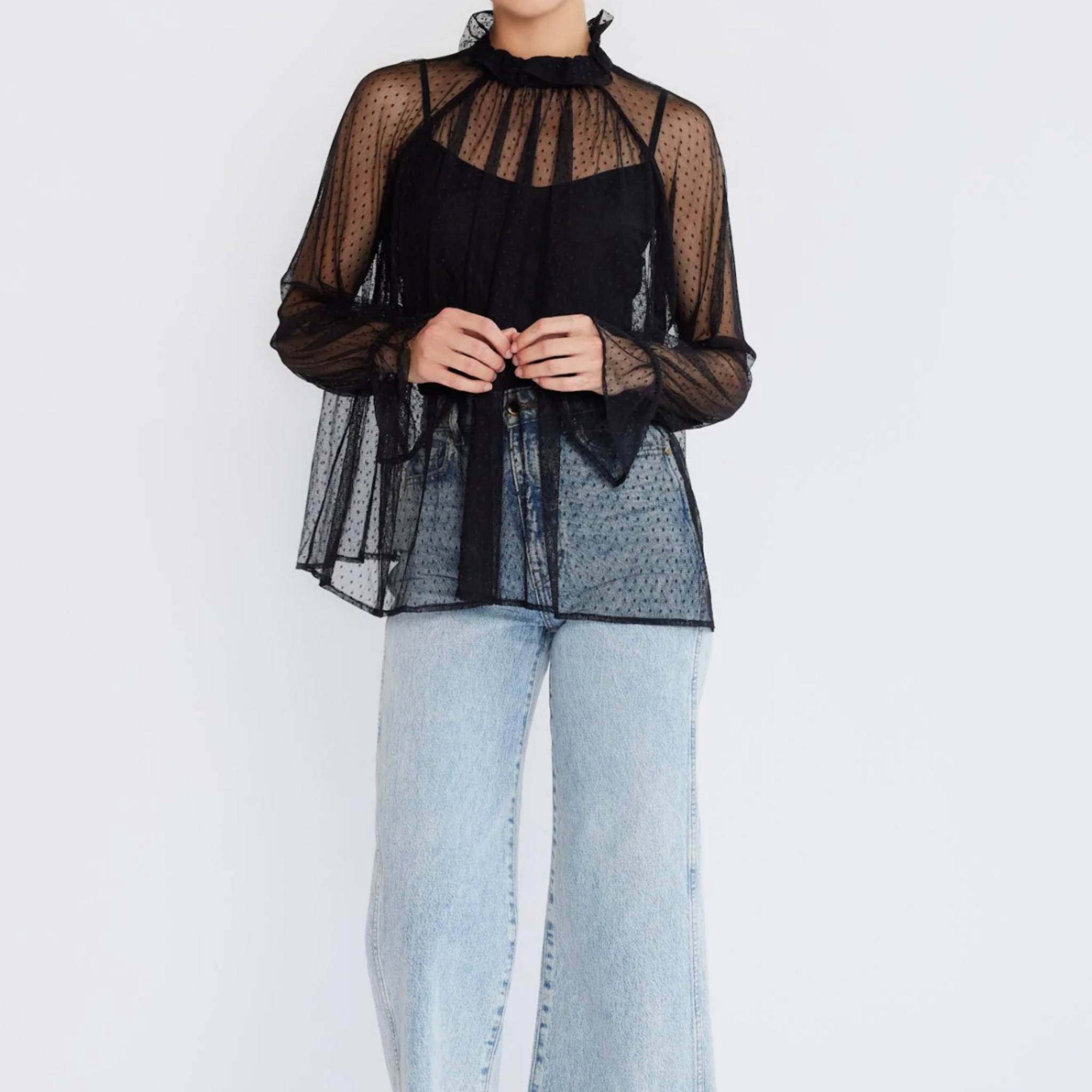 mille chantal lace top in black tulle.