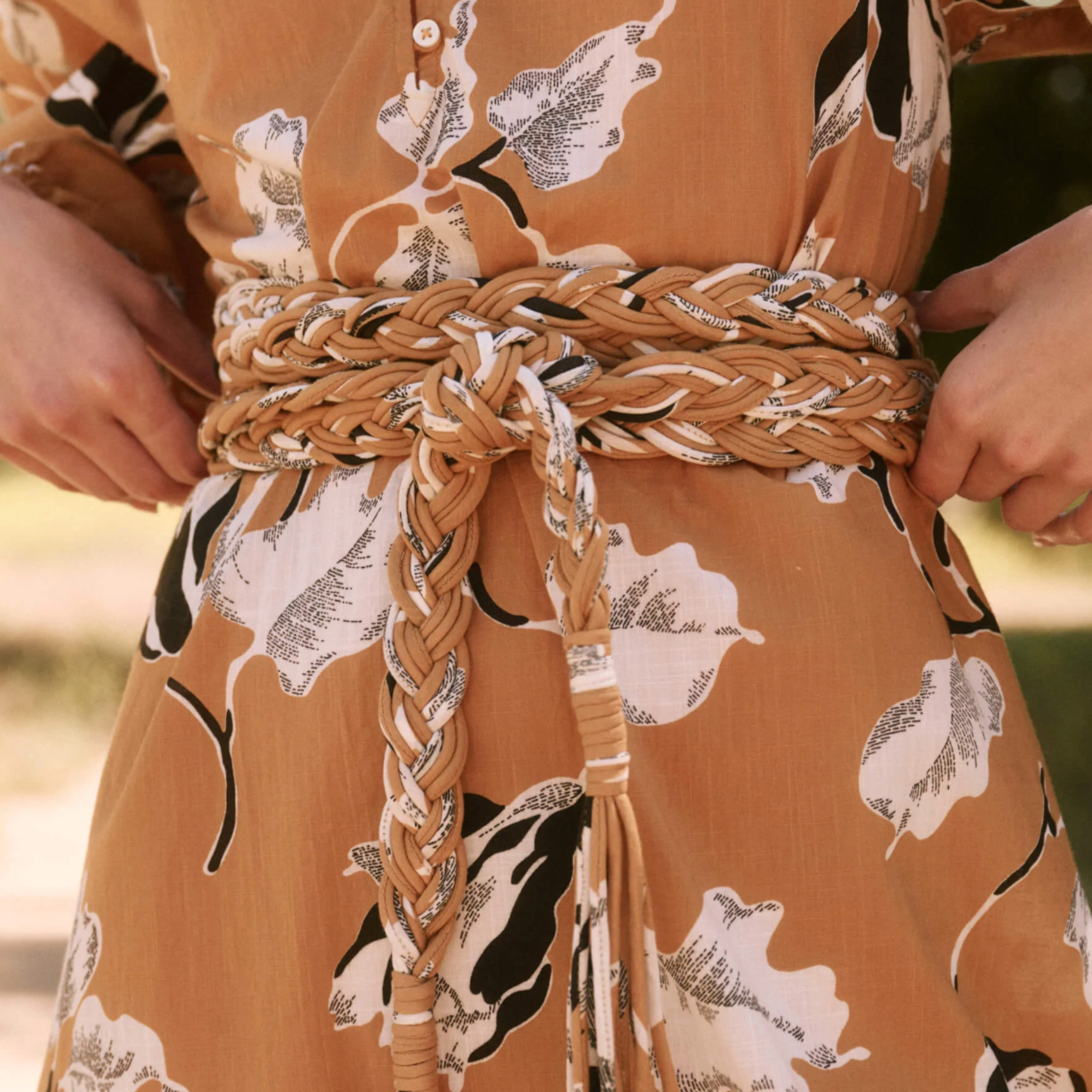the great derby dress with braided belt in amber antique floral.
