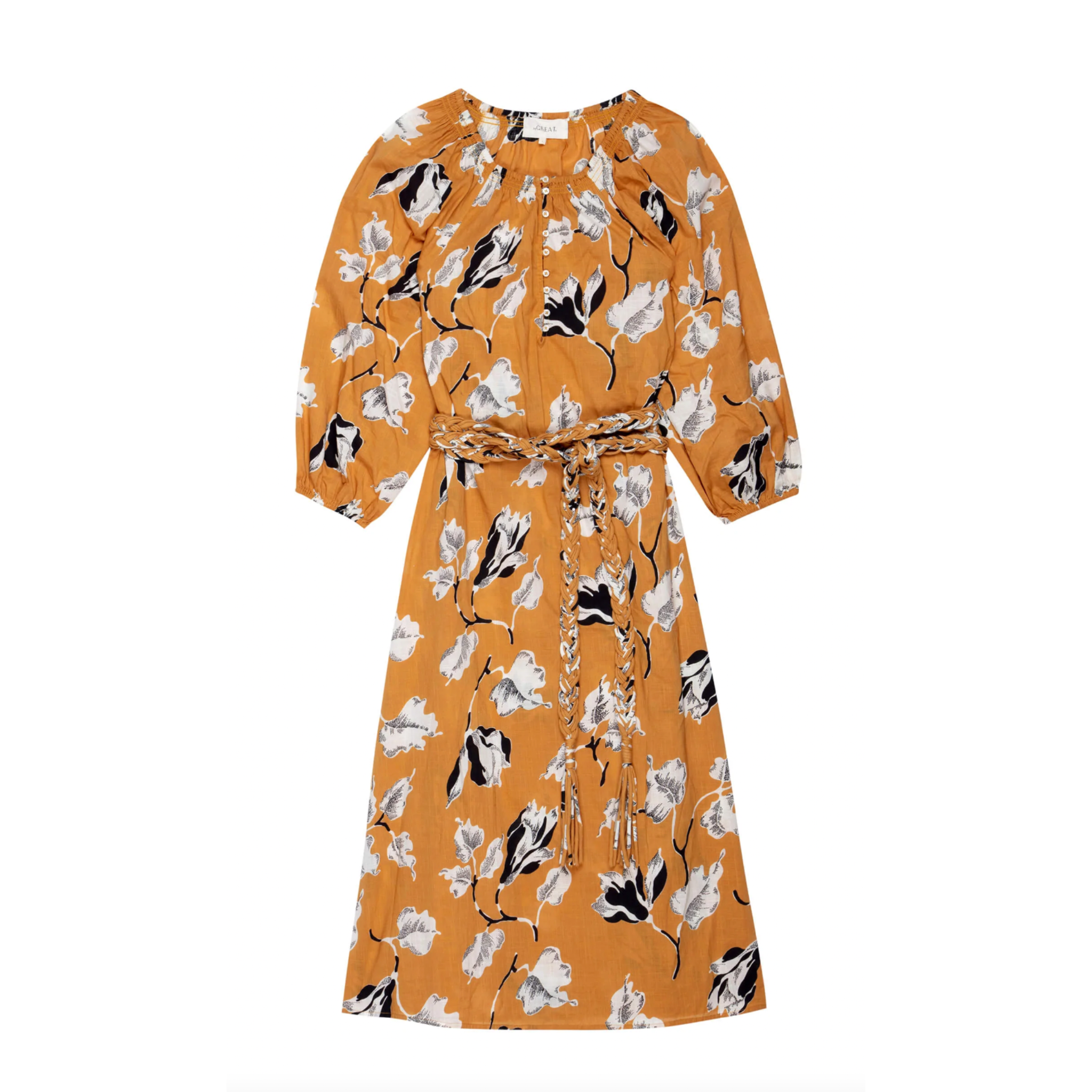 the great derby dress with braided belt in amber antique floral.