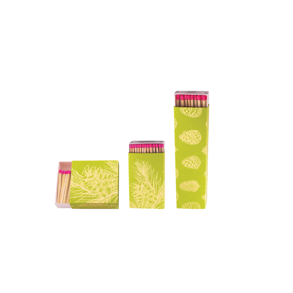 Aileen Green Pine Cone Match Box with hot pink Match Heads - 2inch  4 inch and 8 inch