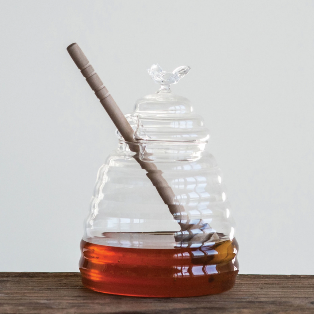 Glass Honey Pot with Bamboo Dipper Set