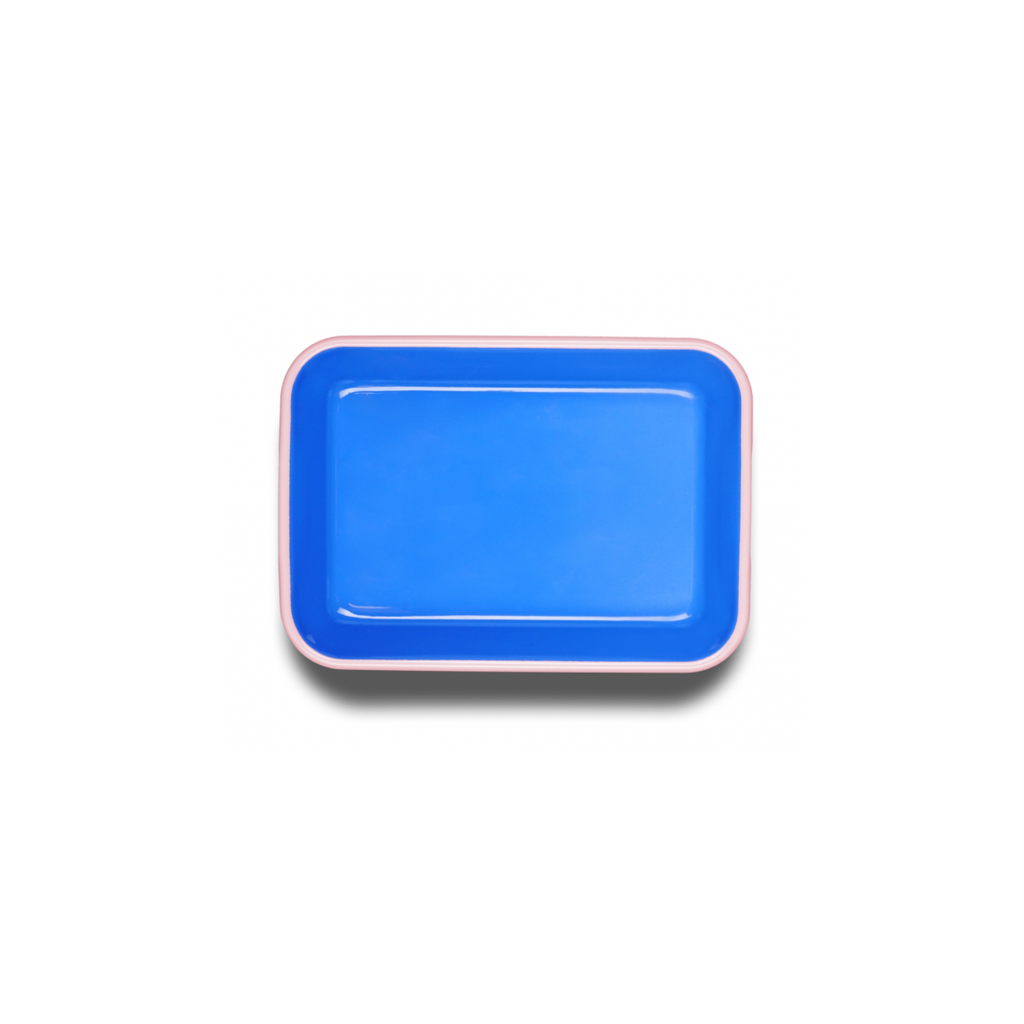 Crow Canyon Enamel Coated Backing Dish - electric blue with soft pink rim