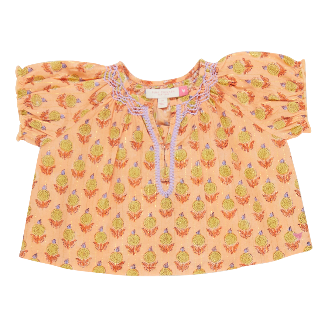 Girls Short Sleeve Ava Top in Orange Dahlia | Boho Chic Indian Block Print | Pink Chicken - Shoppe Details and Design