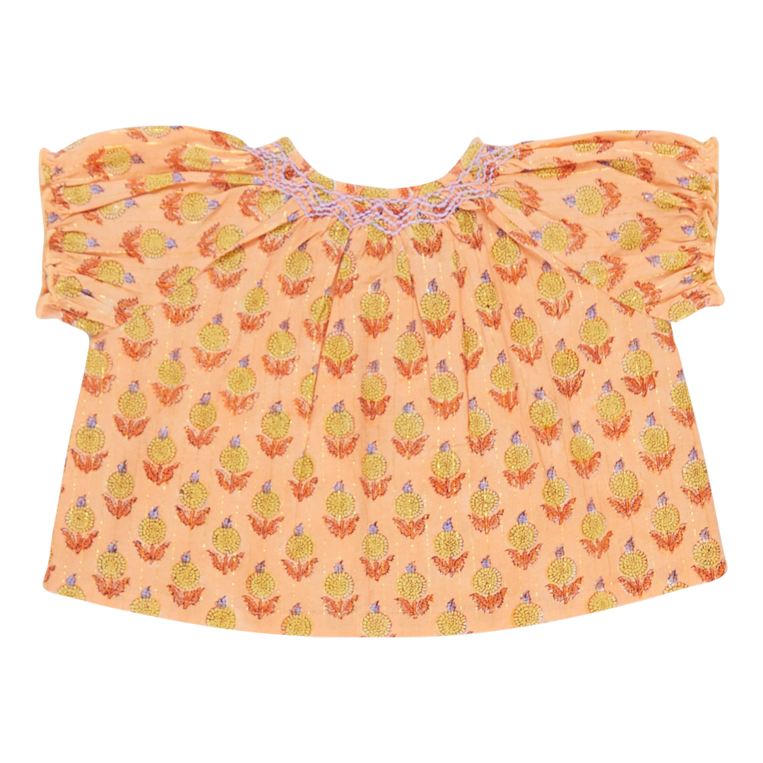 Girls Short Sleeve Ava Top in Orange Dahlia | Boho Chic Indian Block Print | Pink Chicken - Shoppe Details and Design