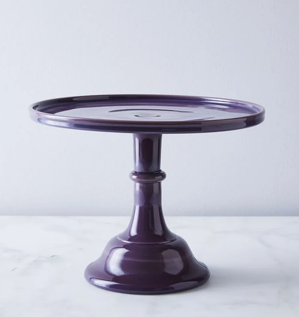 Eggplant Glass Cake Stand by Mosser |  Vintage Elegance for Your Desserts | Vintage Eggplant Glass Cake Stand by Mosser | Elegant Display - Shoppe Details and Design