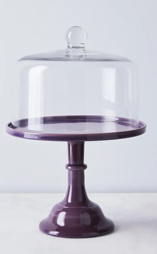 Eggplant Glass Cake Stand by Mosser |  Vintage Elegance for Your Desserts | Vintage Eggplant Glass Cake Stand by Mosser | Elegant Display - Shoppe Details and Design