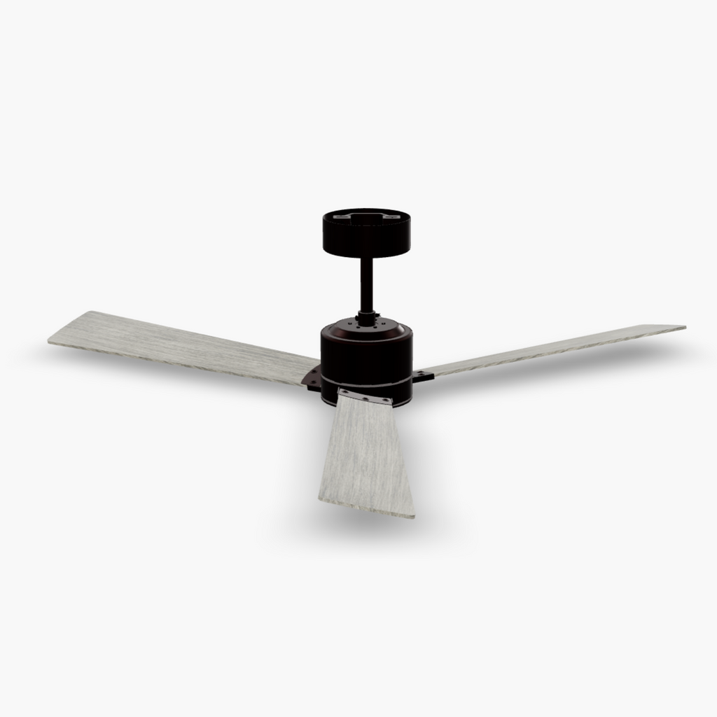 Details and Design Rozzen 52" Ceiling Fan in White with three blades and an energy-saving DC motor isolated on white background.