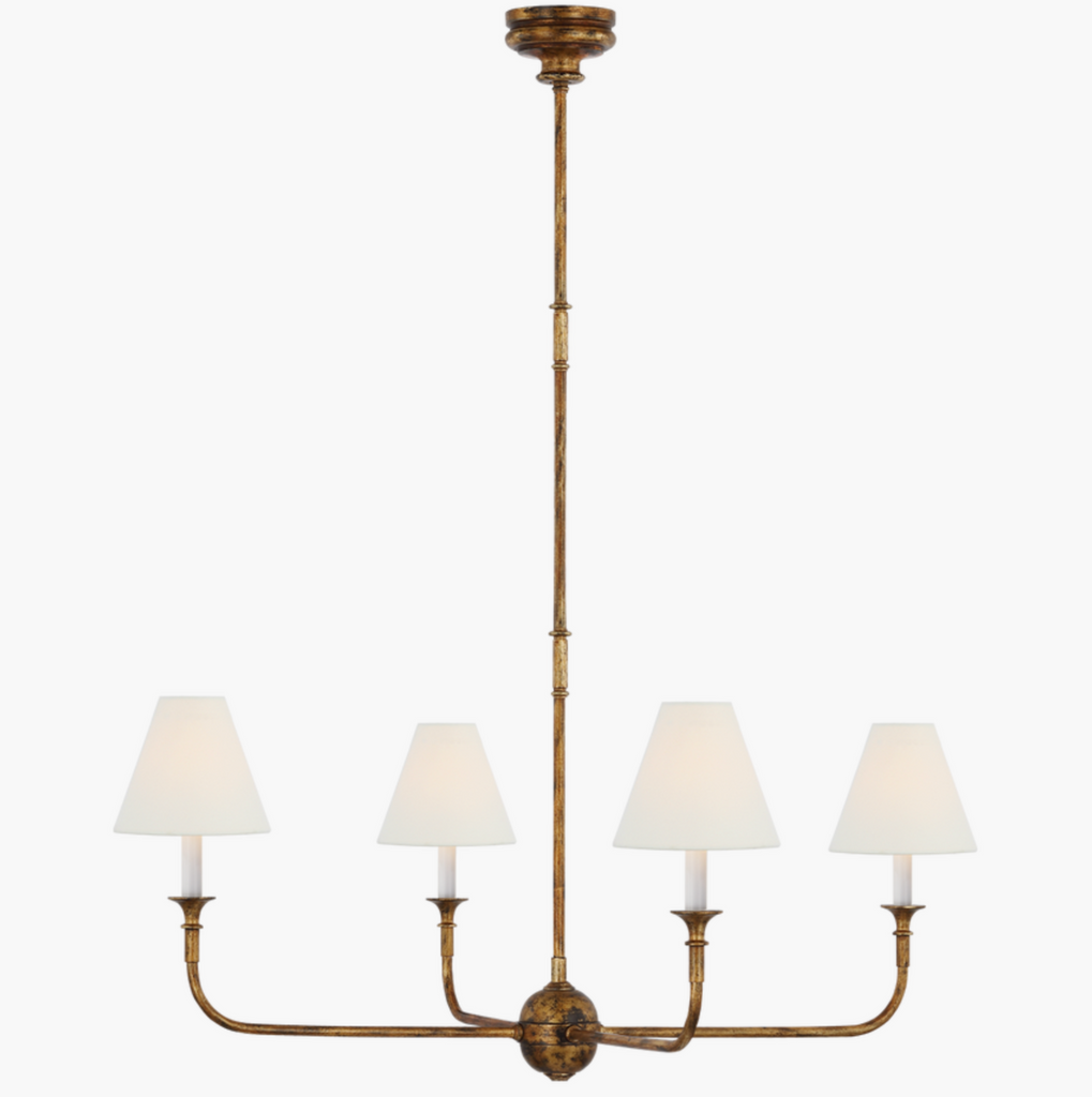 Piaf Large Chandelier in Antique Gild with Linen Shades