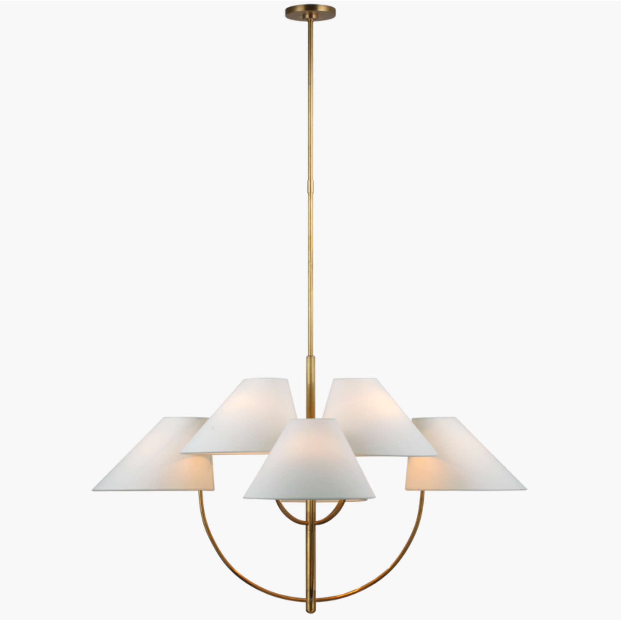 Kinsley Large Two-Tier Chandelier – soft brass with linen shades.