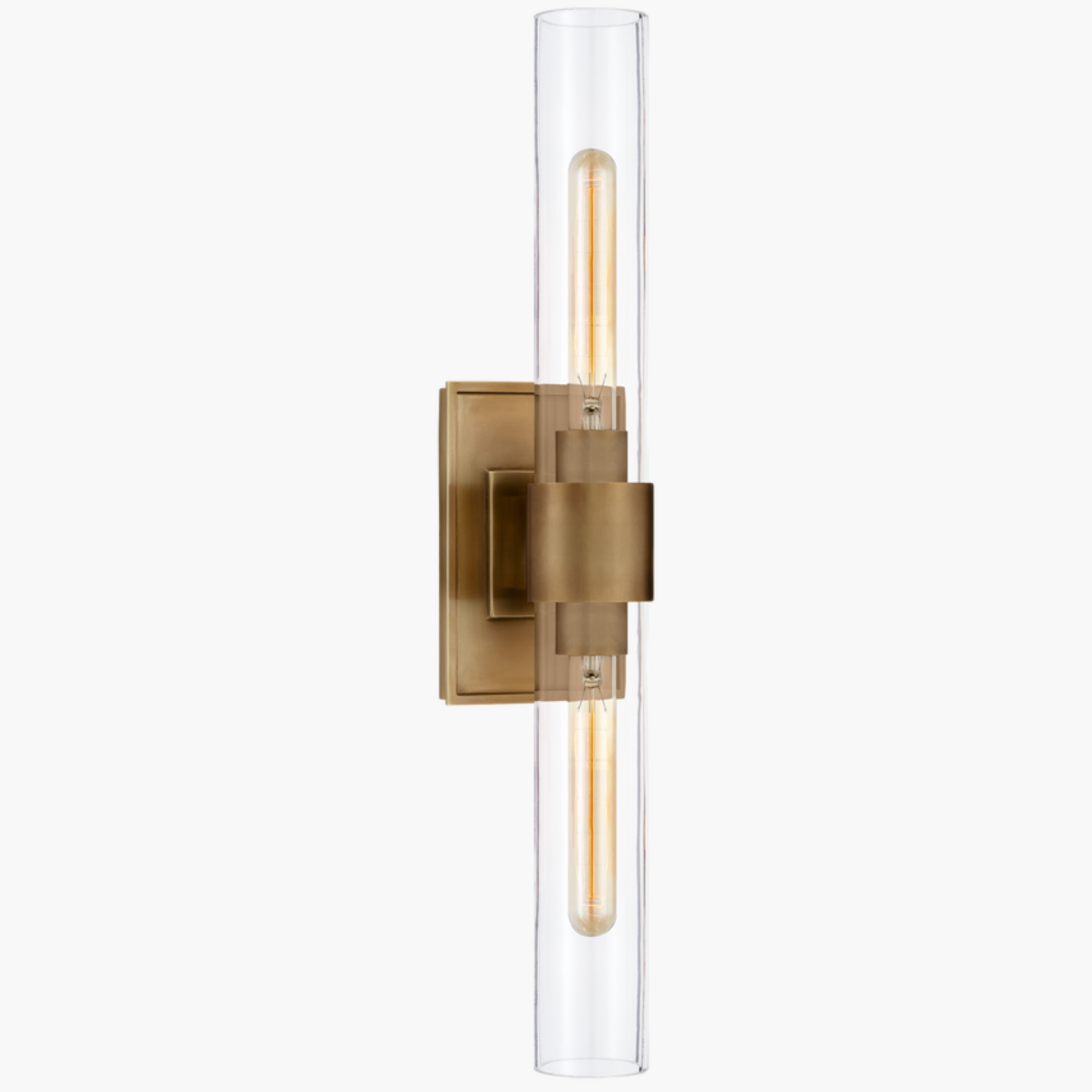 Stylish Presidio Double Sconce – antique brass and clear glass.