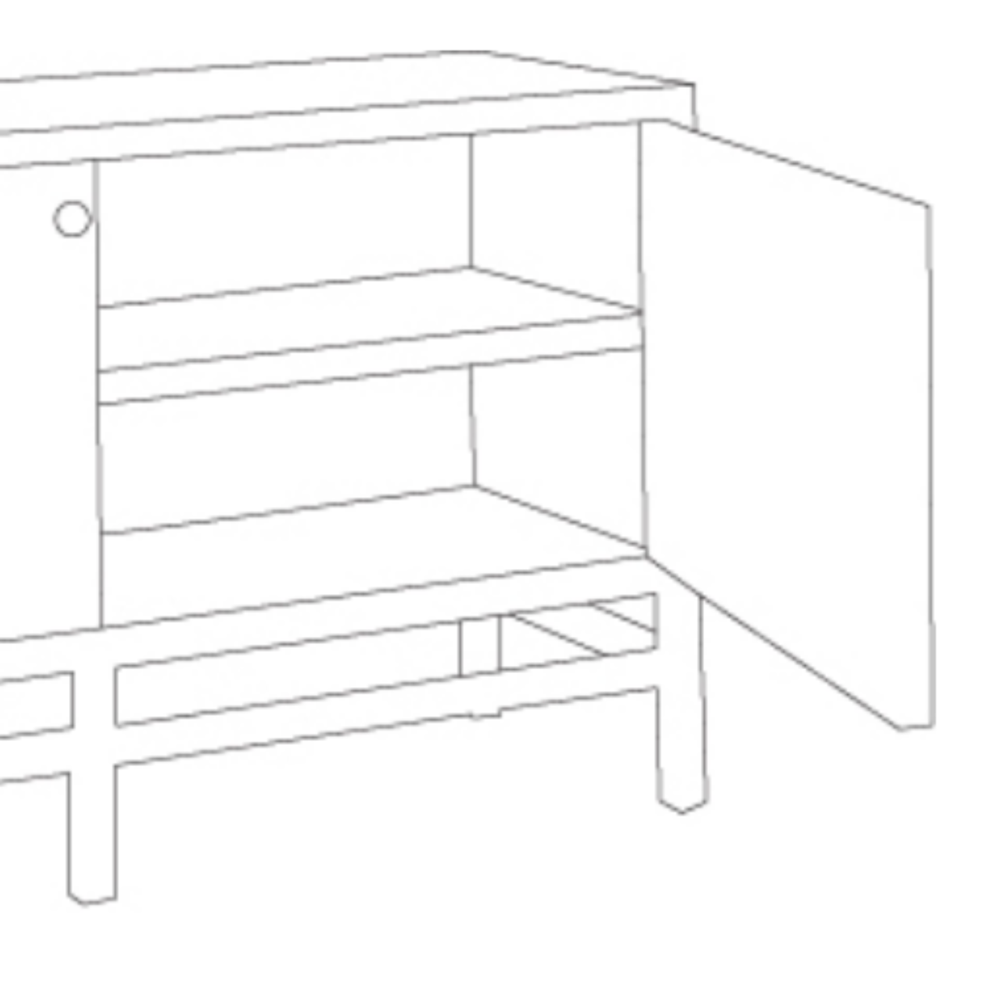 Open Isla Buffet in Smoke Peeled Rattan cabinet with shelves, line drawing illustration by Details and Design.