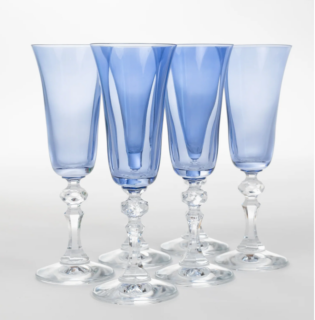 Estelle Colored Glass Cobalt Blue with Clear Stems Regal Flute Set- Set of 6 - Shoppe Details and Design