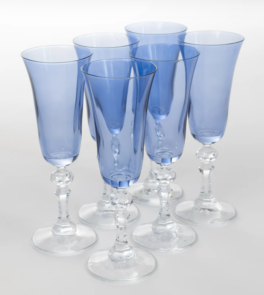 Estelle Colored Glass Cobalt Blue with Clear Stems Regal Flute Set- Set of 6 - Shoppe Details and Design