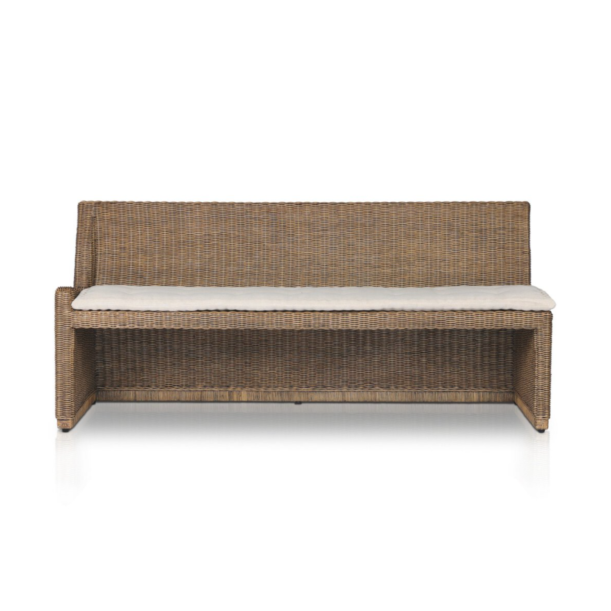 rattan left arm facing large dining bench.