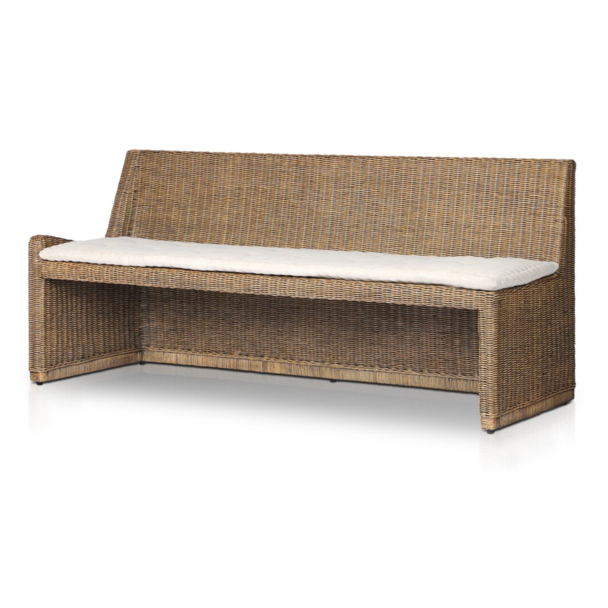 rattan left arm facing large dining bench.