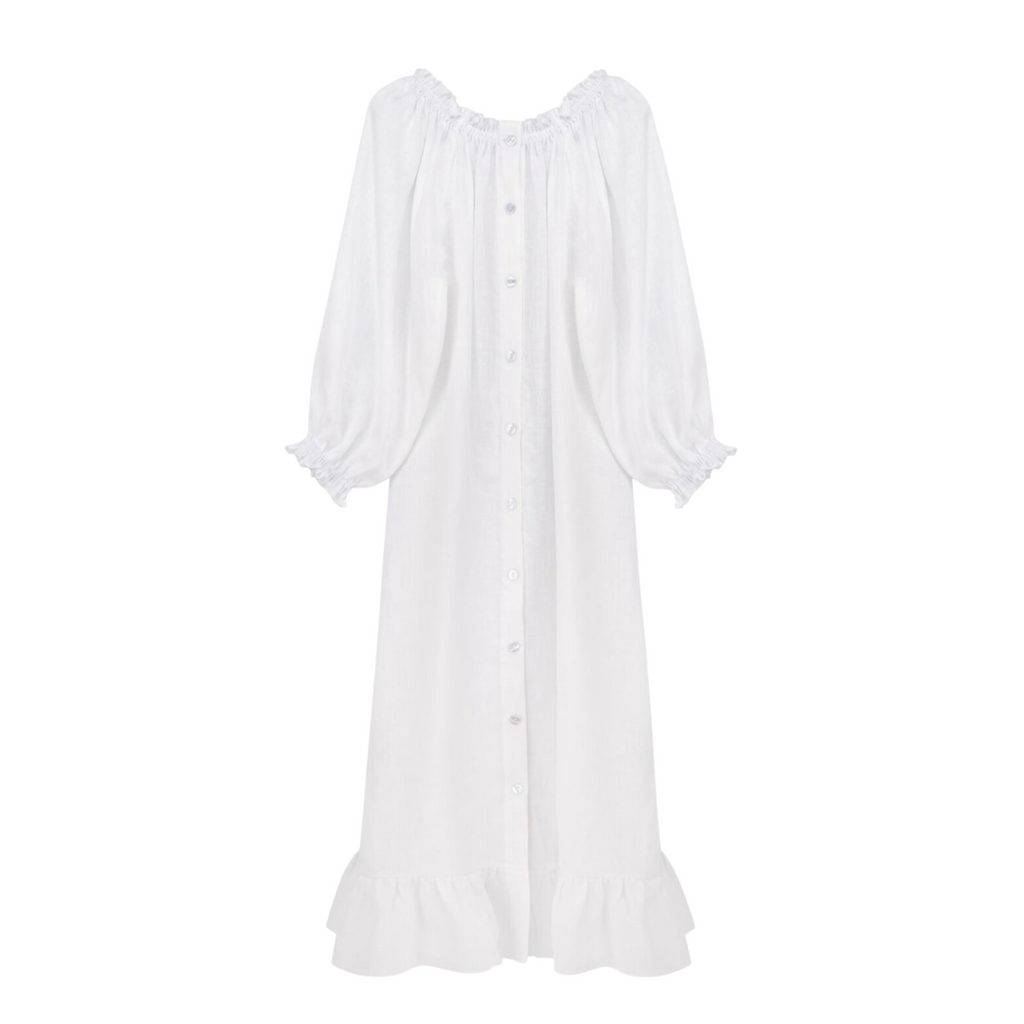 Linen Sleeper Button Down Loungewear Dress in White