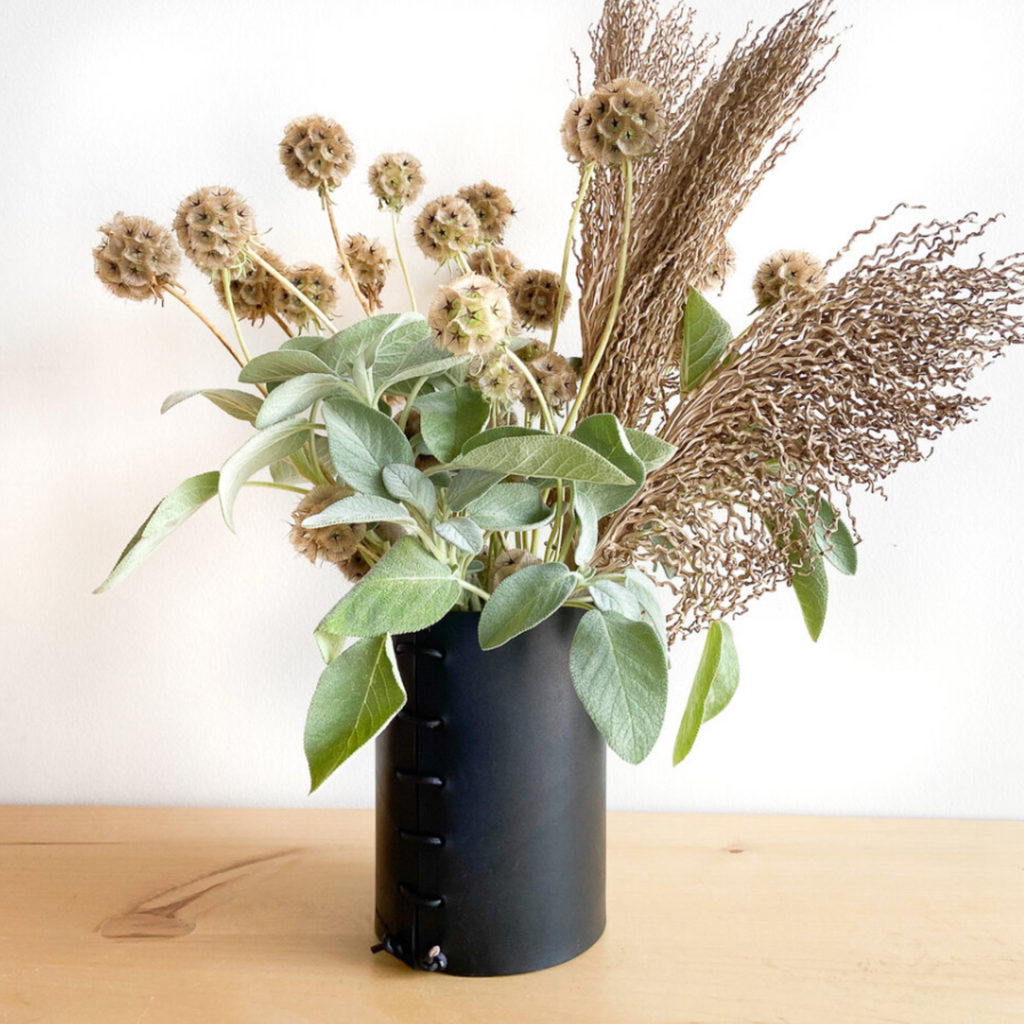 Small Black Leather Vase  with faux flowers