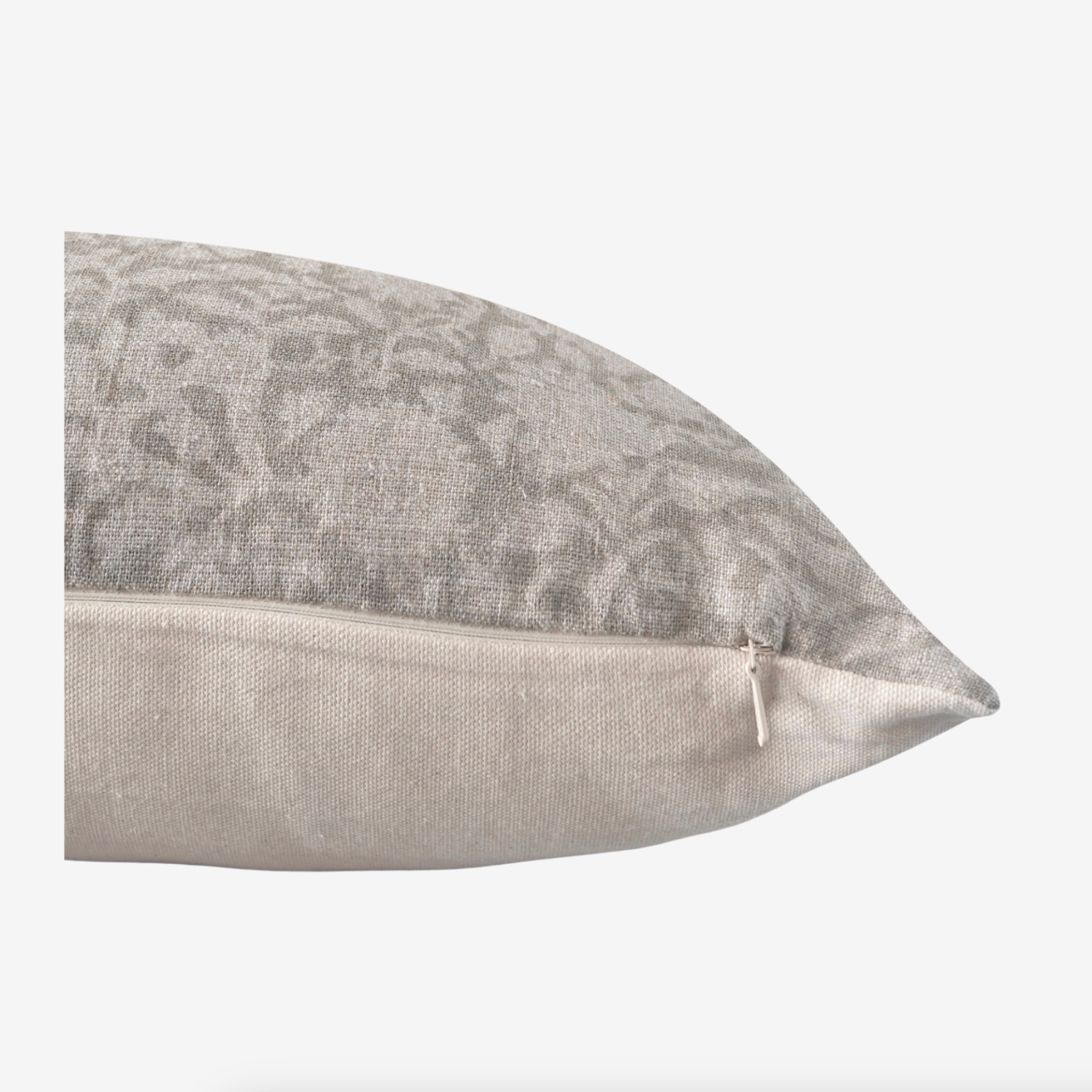 Adeyemi Indian hand block lumbar pillow featuring artisan linen pattern front, oatmeal canvas back, hidden zipper, and soft feather-down fill.