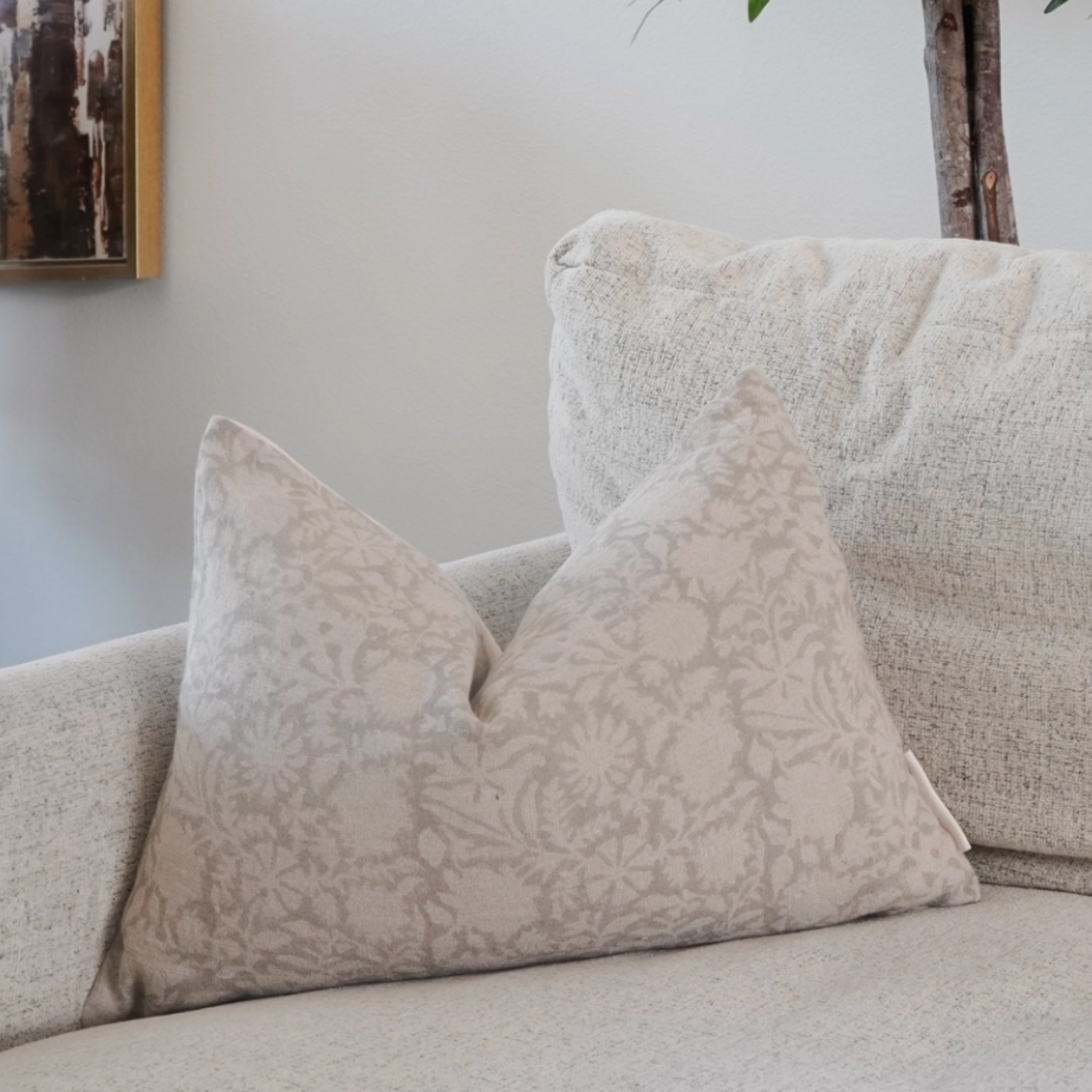 Adeyemi Indian hand block lumbar pillow featuring artisan linen pattern front, oatmeal canvas back, hidden zipper, and soft feather-down fill.