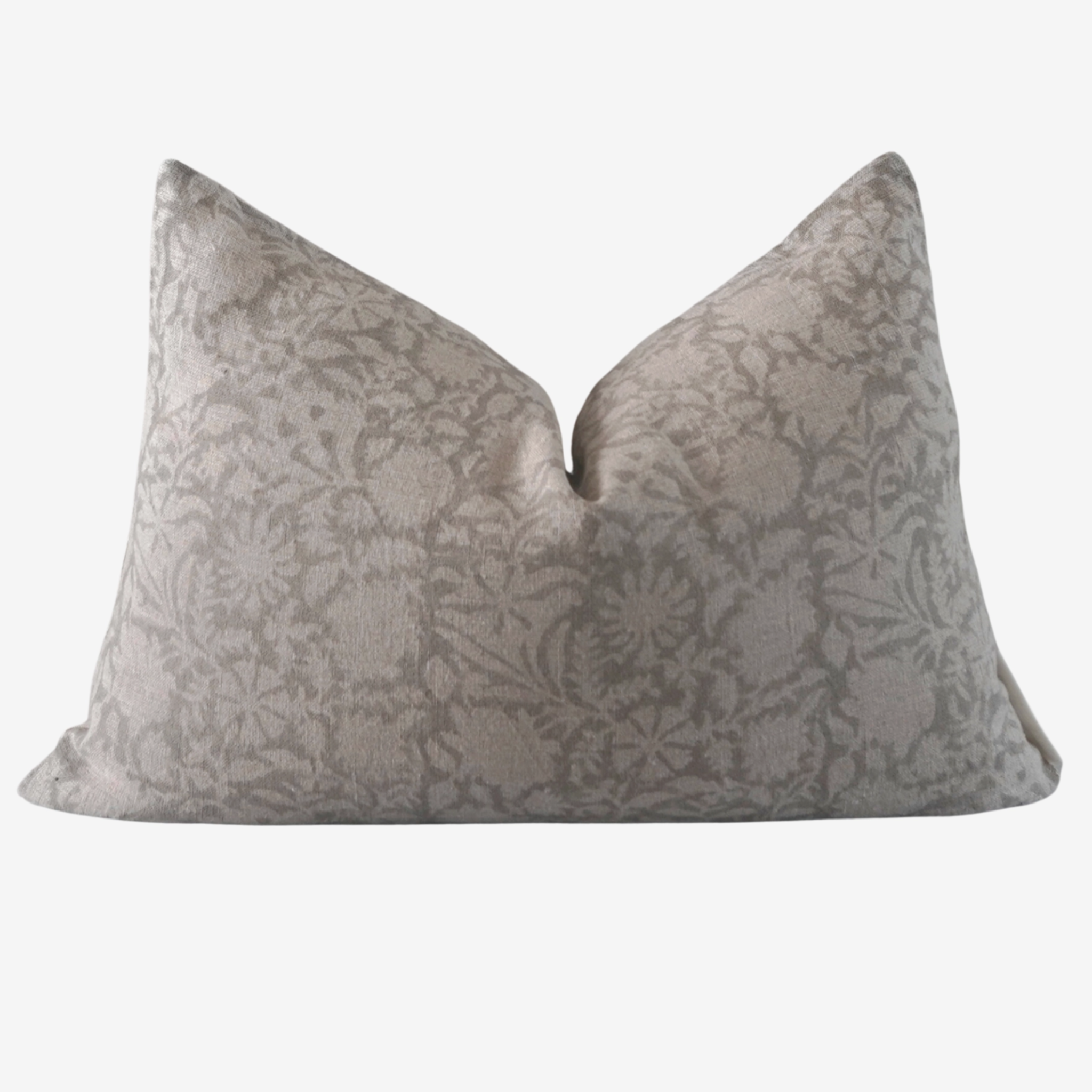 Adeyemi Indian hand block lumbar pillow featuring artisan linen pattern front, oatmeal canvas back, hidden zipper, and soft feather-down fill.