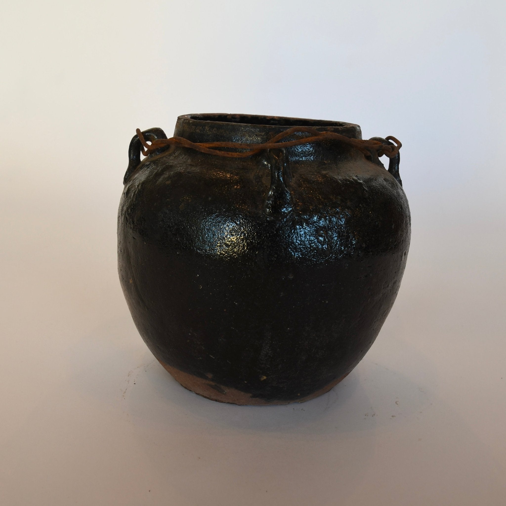 Antique Glazed 4 Handle Pot with Chain Detail - Details and Design - Vessel - Blue Ocean Traders