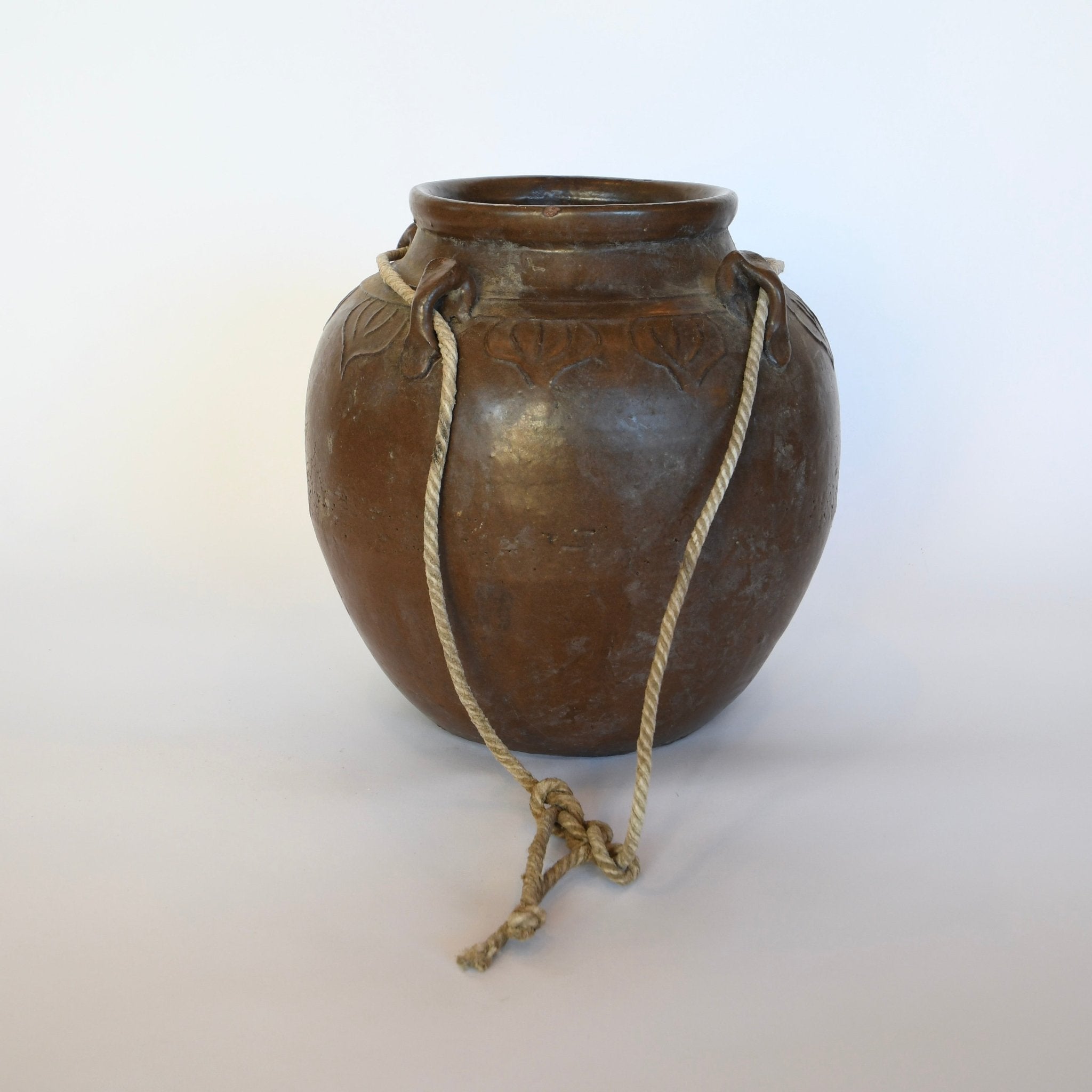 Antique Glazed Four Handle Brown Pot with Rope - Details and Design - Vessel - Blue Ocean Traders